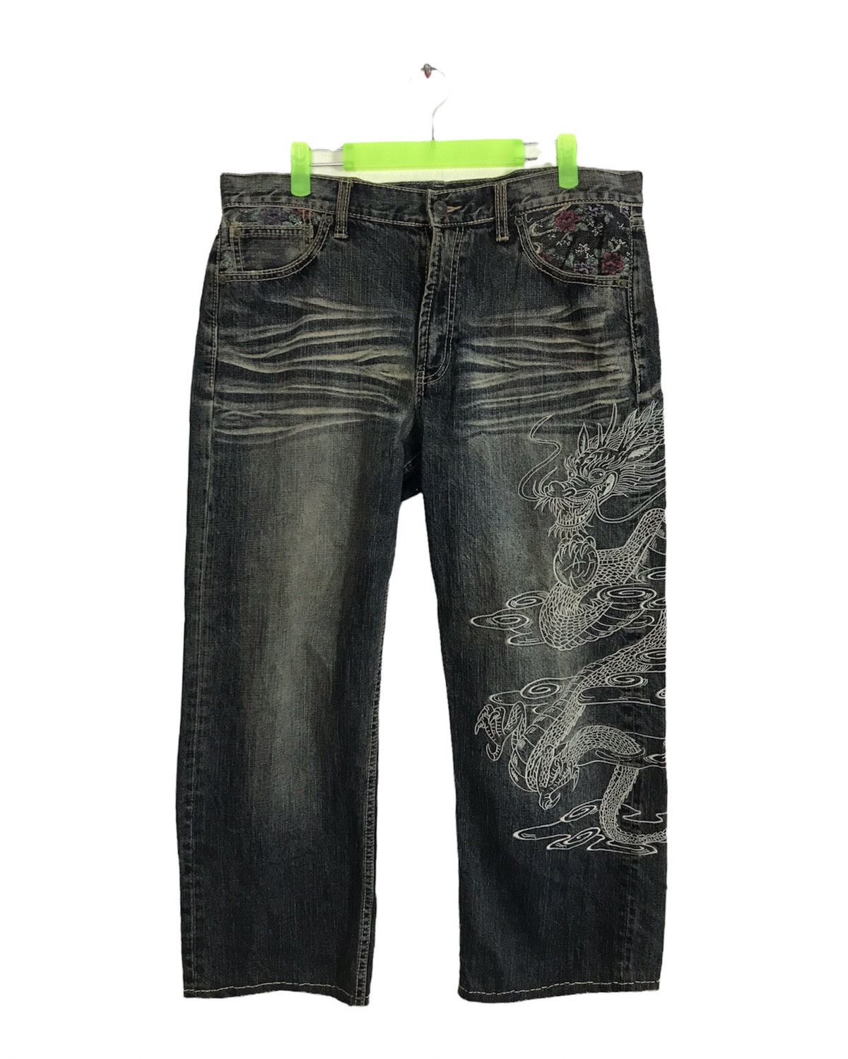 Japanese Brand Dragon Rose Art Embroidery Motif Jeans Pant Sukajan K1031j Size US 33 - 1 Thumbnail