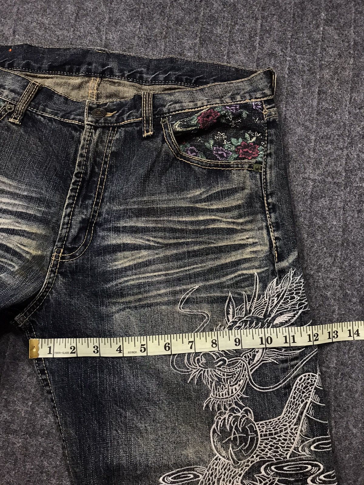Japanese Brand Dragon Rose Art Embroidery Motif Jeans Pant Sukajan K1031j Size US 33 - 12 Thumbnail