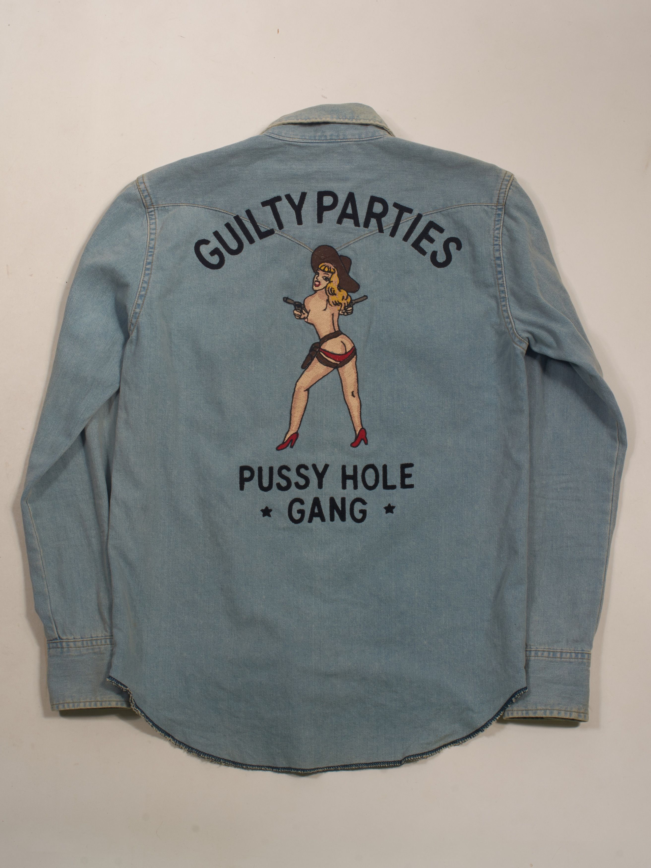 Image of Wacko Maria Pussy Hole Gang Embroidered Denim Shirt in Blue, Men's (Size Small)