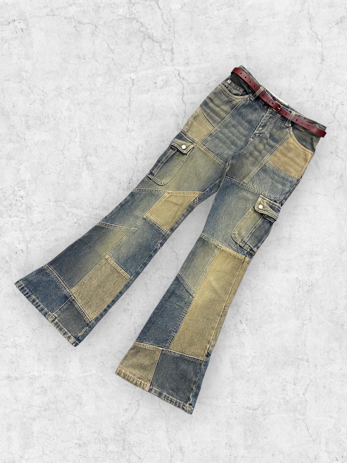 Hysteric Glamour × Japanese Brand × Vintage Vintage Jouer Aux Echecs Patchwork Cargo Flared With Belt Size US 28 / EU 44 - 5 Thumbnail
