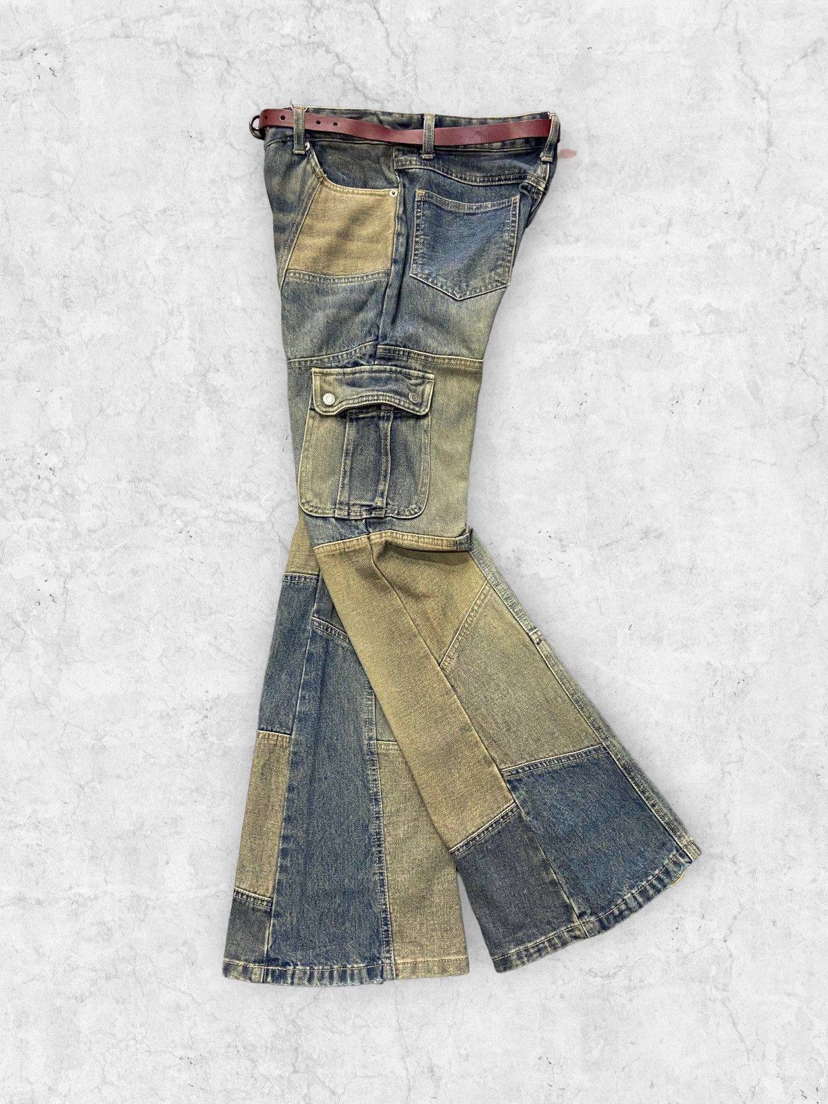 Hysteric Glamour × Japanese Brand × Vintage Vintage Jouer Aux Echecs Patchwork Cargo Flared With Belt Size US 28 / EU 44 - 2 Thumbnail
