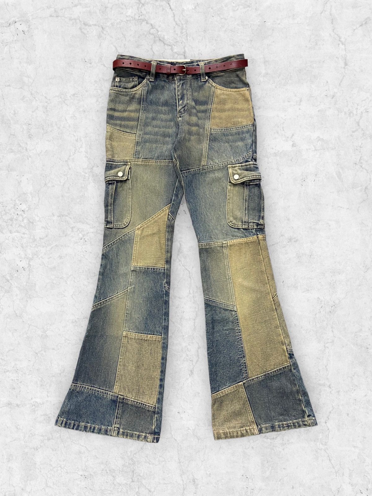 Hysteric Glamour × Japanese Brand × Vintage Vintage Jouer Aux Echecs Patchwork Cargo Flared With Belt Size US 28 / EU 44 - 1 Thumbnail