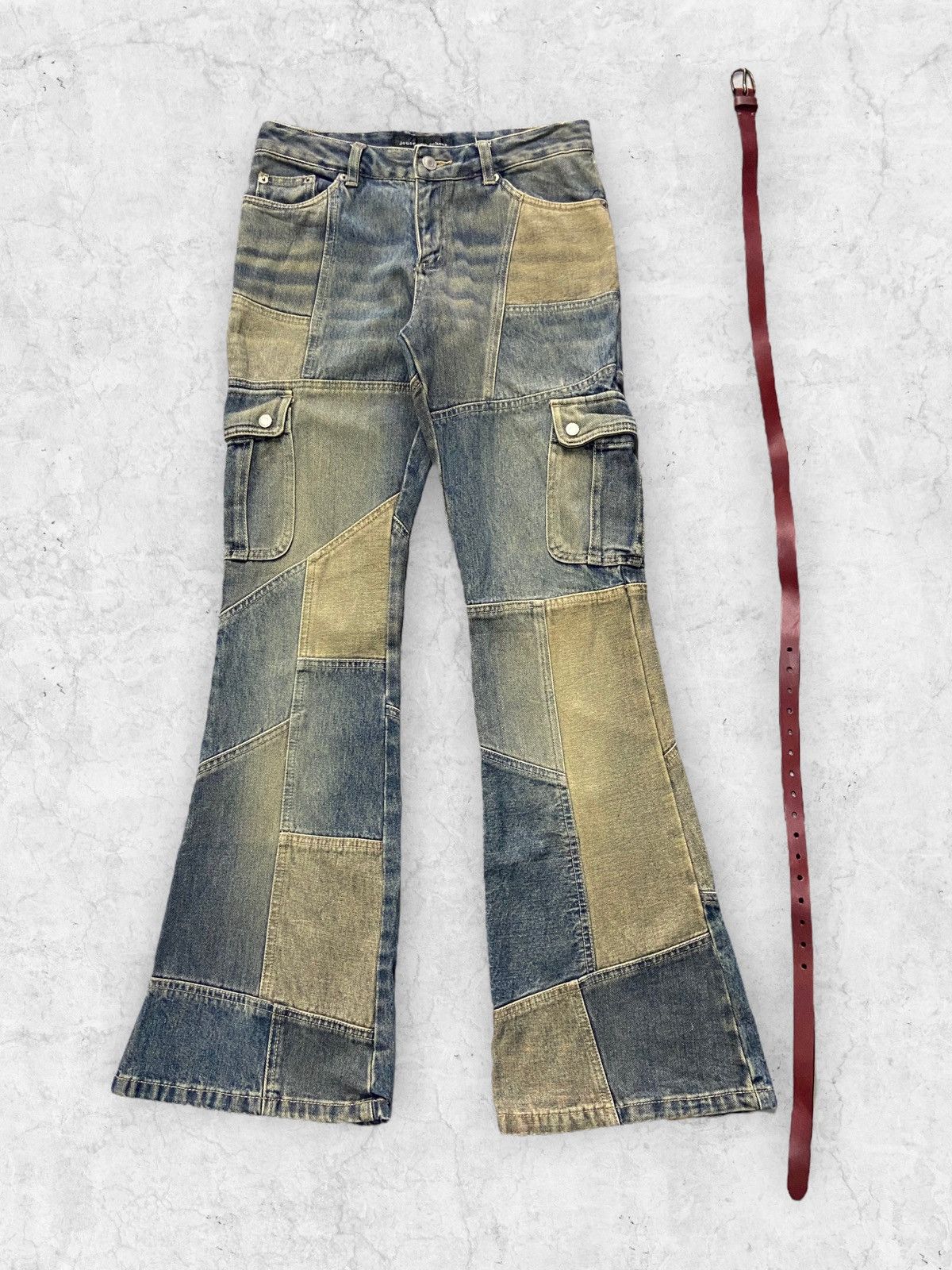 Hysteric Glamour × Japanese Brand × Vintage Vintage Jouer Aux Echecs Patchwork Cargo Flared With Belt Size US 28 / EU 44 - 3 Thumbnail