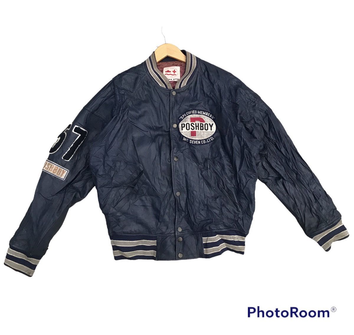 image of Posh Boy Real Leather Varsity Jacket in Blue, Men's (Size Medium)
