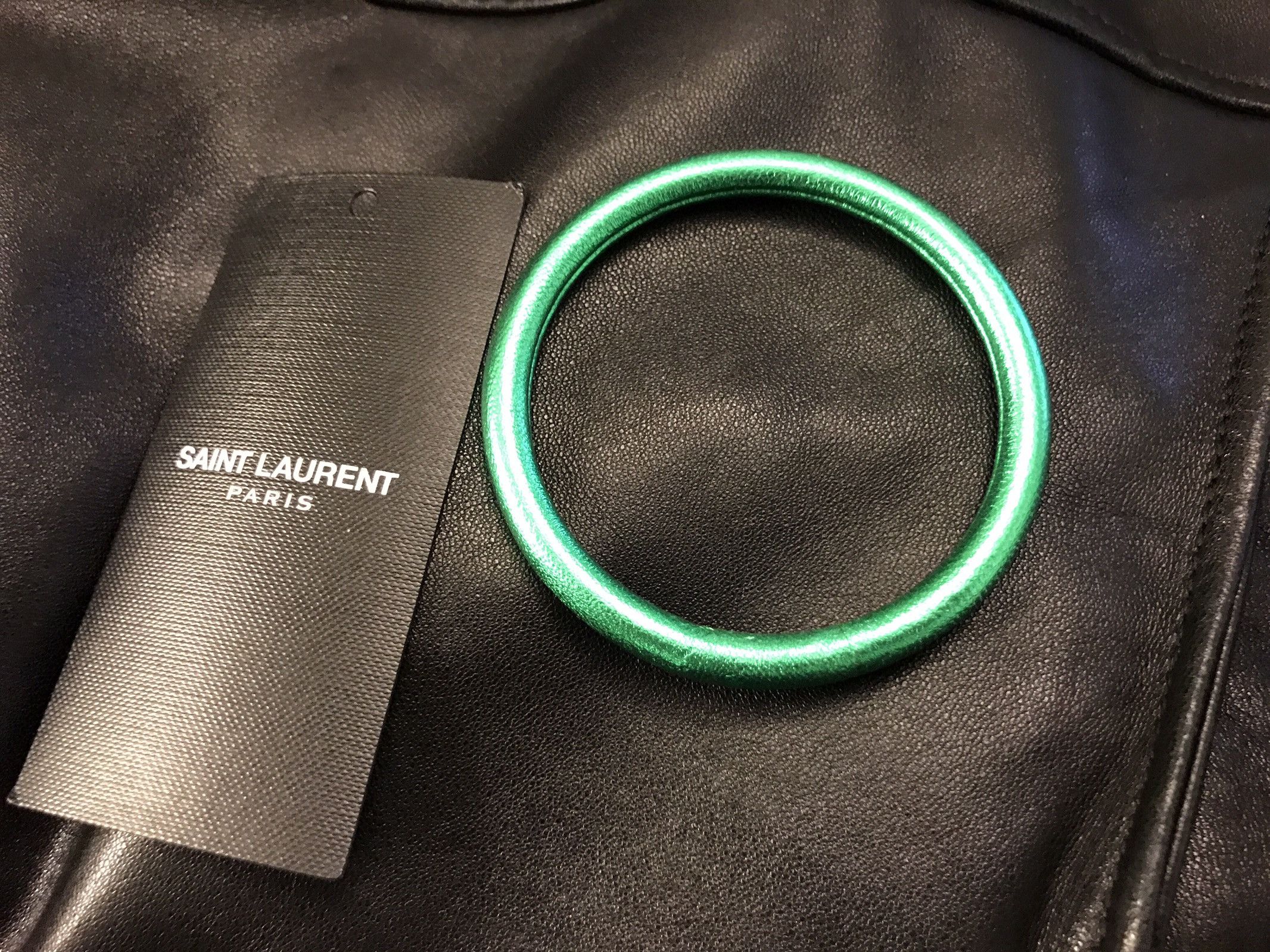 Archival Vintage Saint Laurent Paris SS15 Runway Leather Bangle "Metallic Green" - View 2