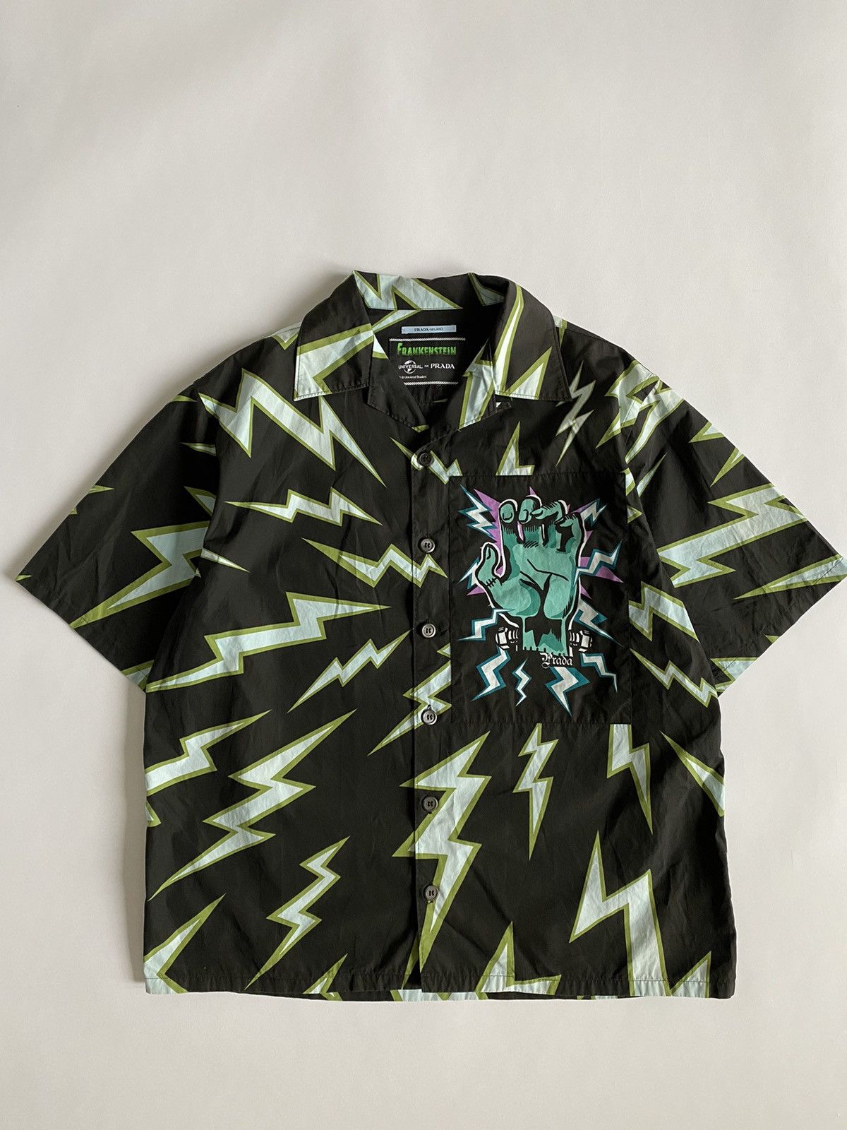 Prada Prada FW19 Frankenstein Thunder Print Bowling Shirt