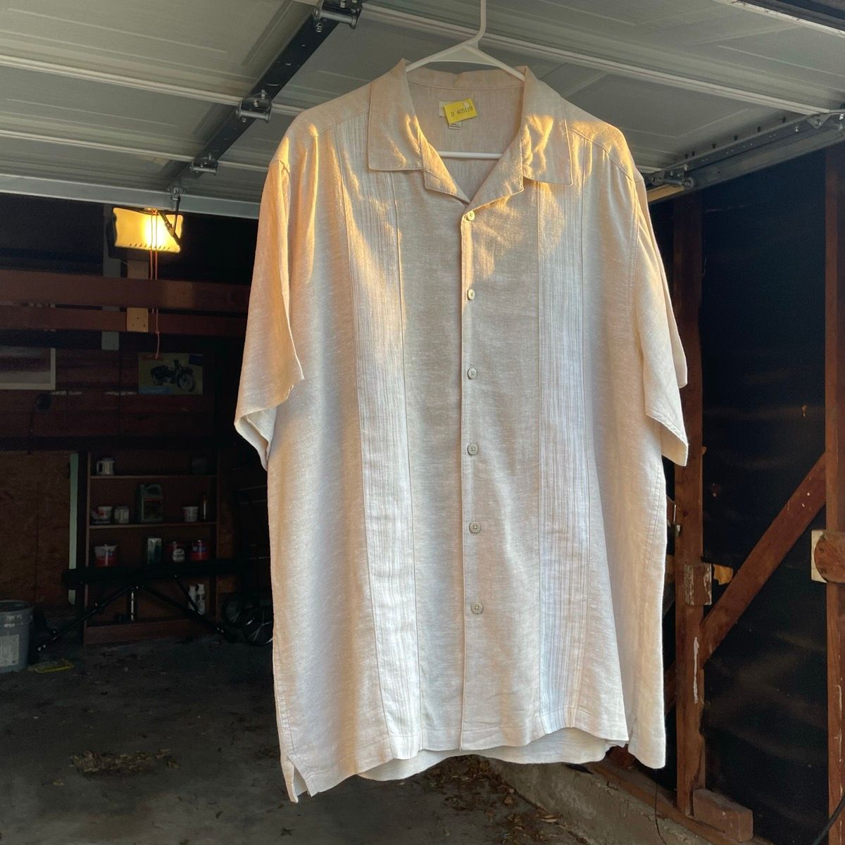 Pre-owned Vintage Linen Bowling Shirt  Earthtones Camp In Brown