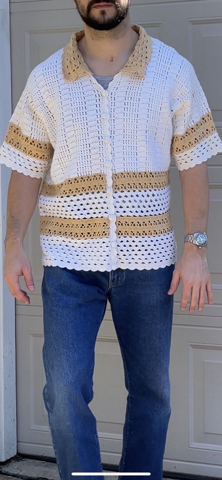 image of 1 Of 1 Vintage Cropped Crotchet Camp Collar Shirt Boxy Bowling in Beige, Men's (Size Large)