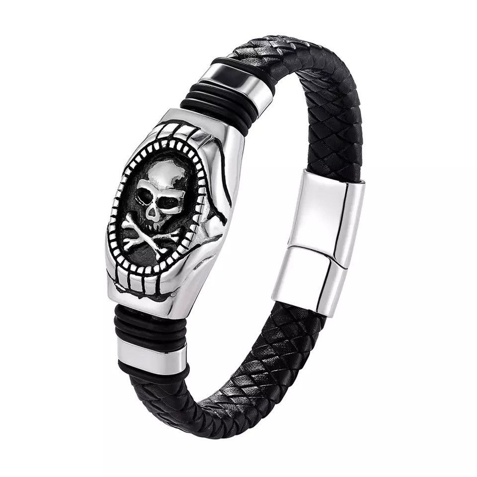 Jewelry Skull Skeleton Leather Bracelet Size ONE SIZE - 1 Thumbnail