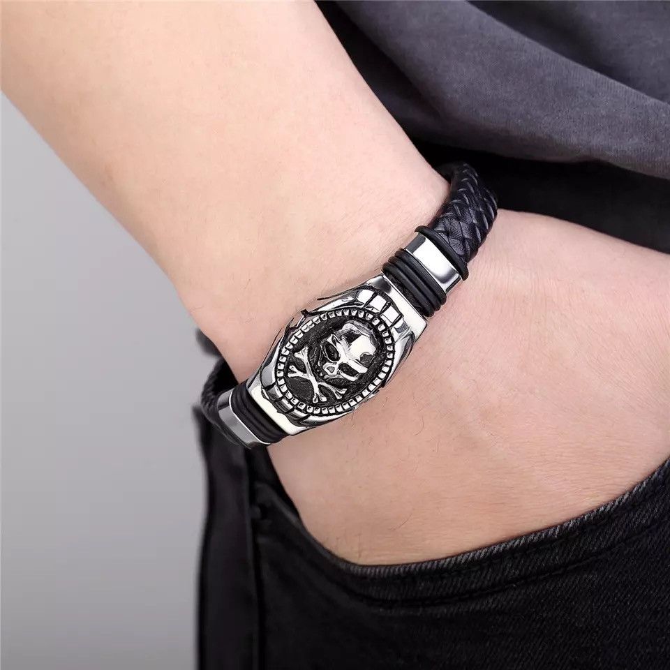 Jewelry Skull Skeleton Leather Bracelet Size ONE SIZE - 2 Thumbnail