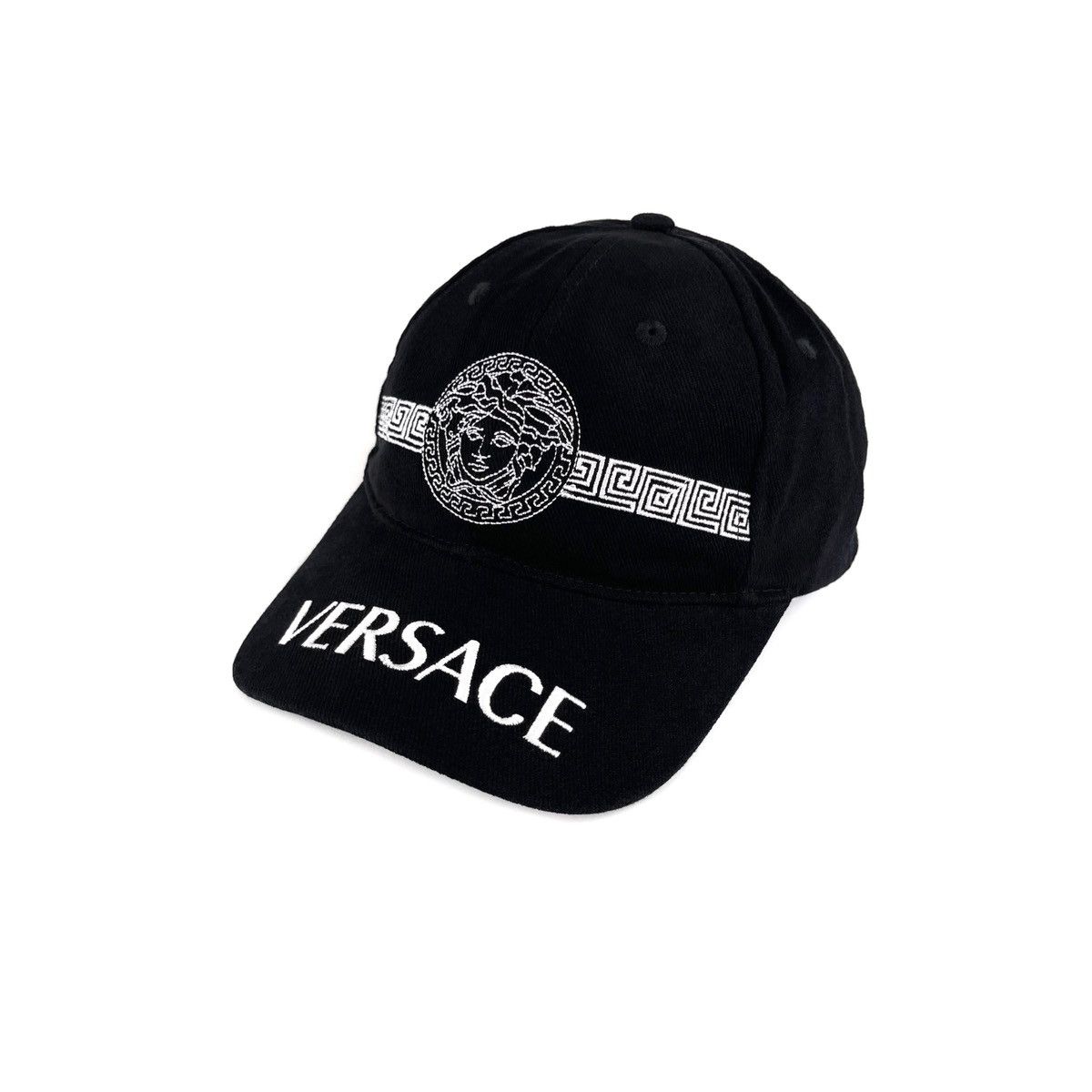 image of Versace Vintage Medusa Greek Key Logo Baseball Black Cap Hat, Men's