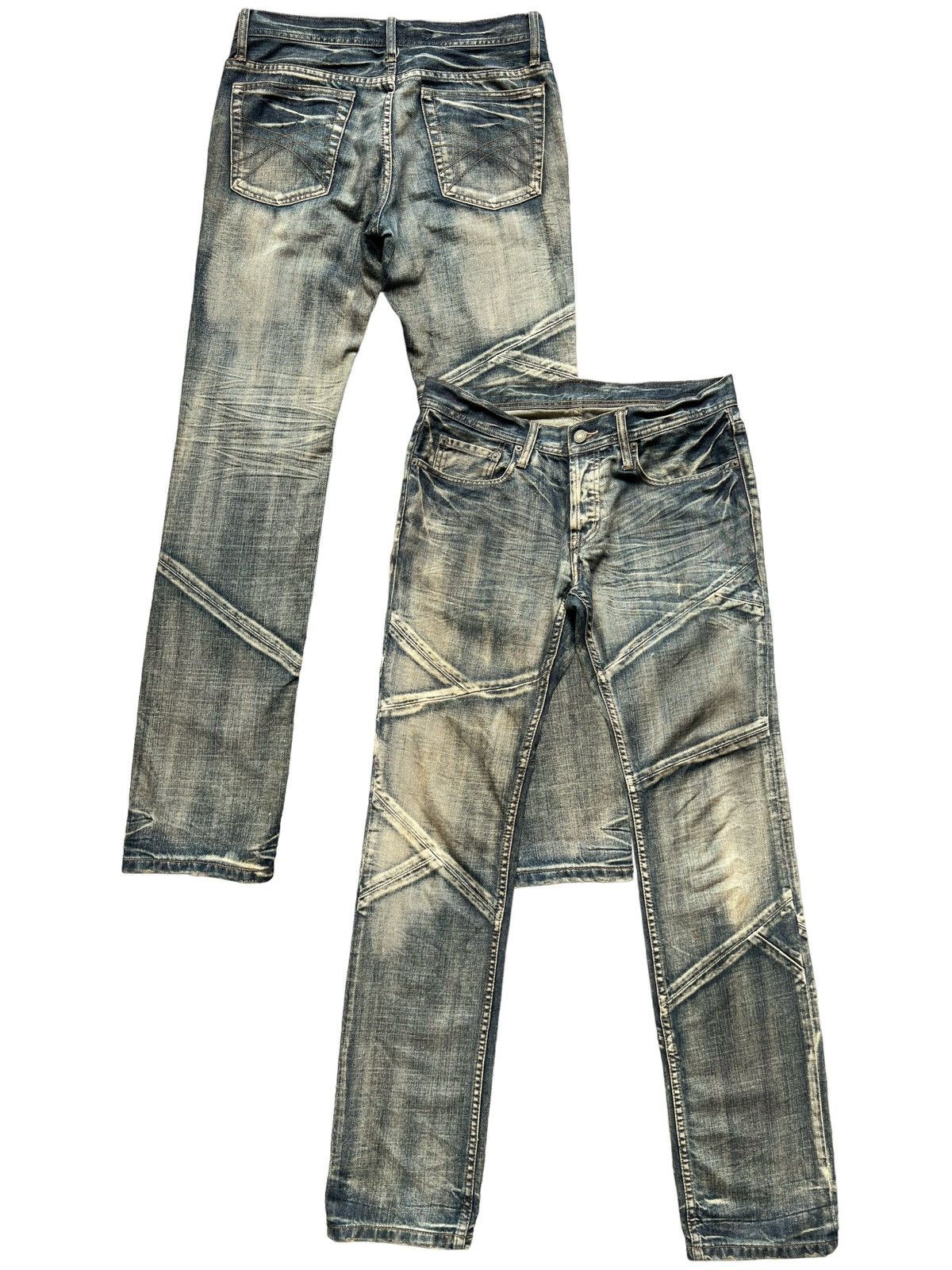 image of Hype Edge Japan Patchwork Distressed Faded Denim Jeans 33X34 in Yellow/Blue/Rust, Men's