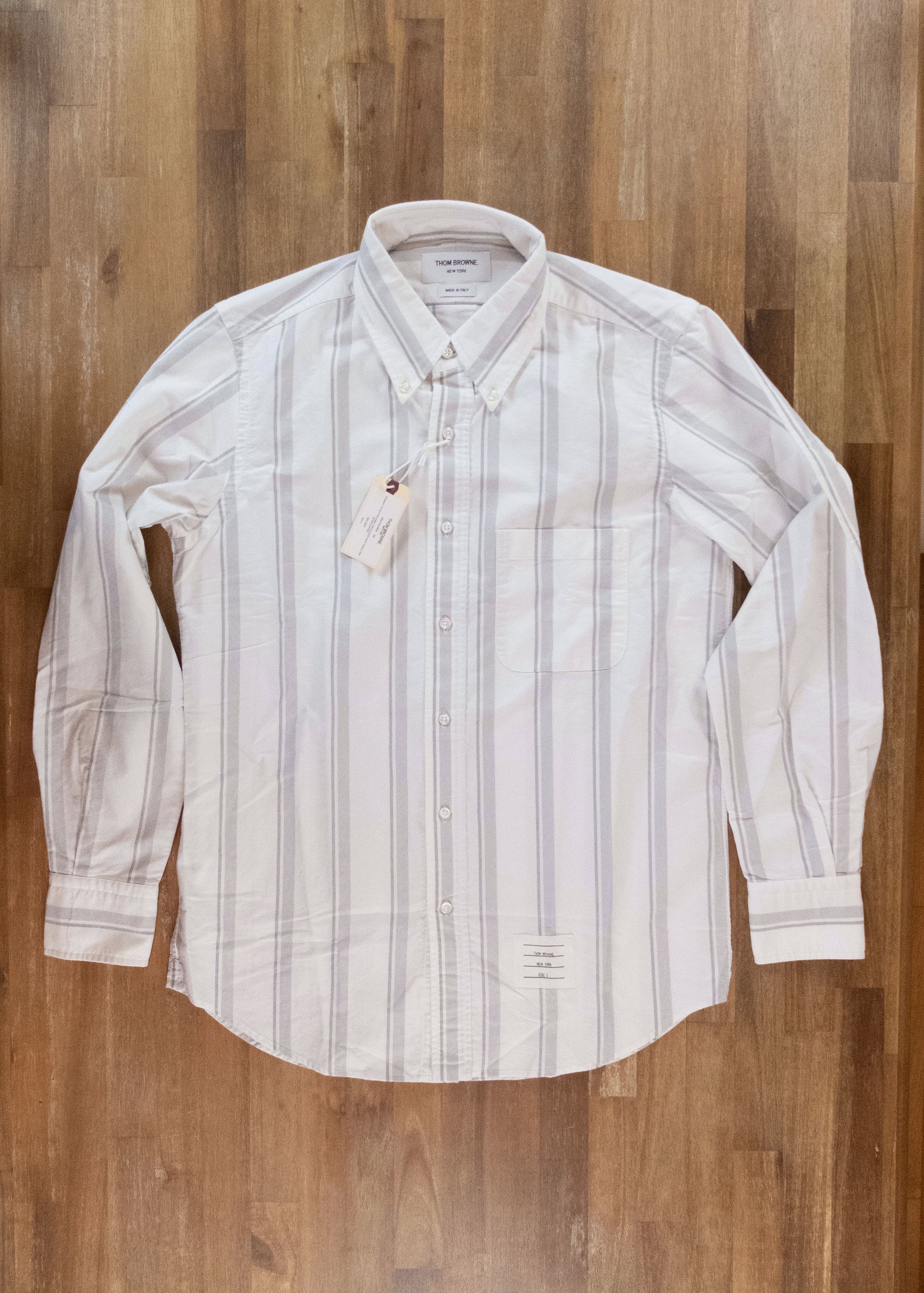 image of Thom Browne White Bold Gray Striped Oxford Shirt 2 Medium, Men's