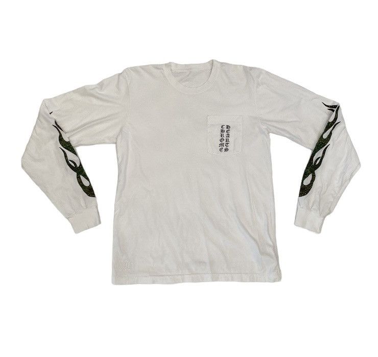 image of Chrome Hearts Camouflage Flames Print Pocket Longsleeve in White, Men's (Size Medium)