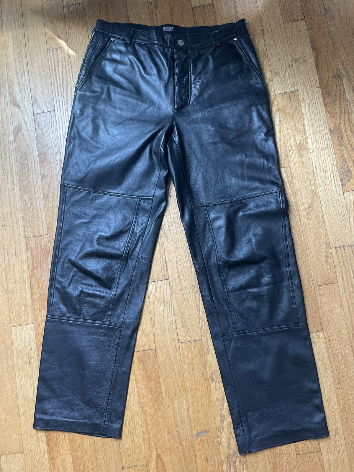 image of Vintage Versace Leather Jeans Double Stitch in Black, Men's (Size 34)