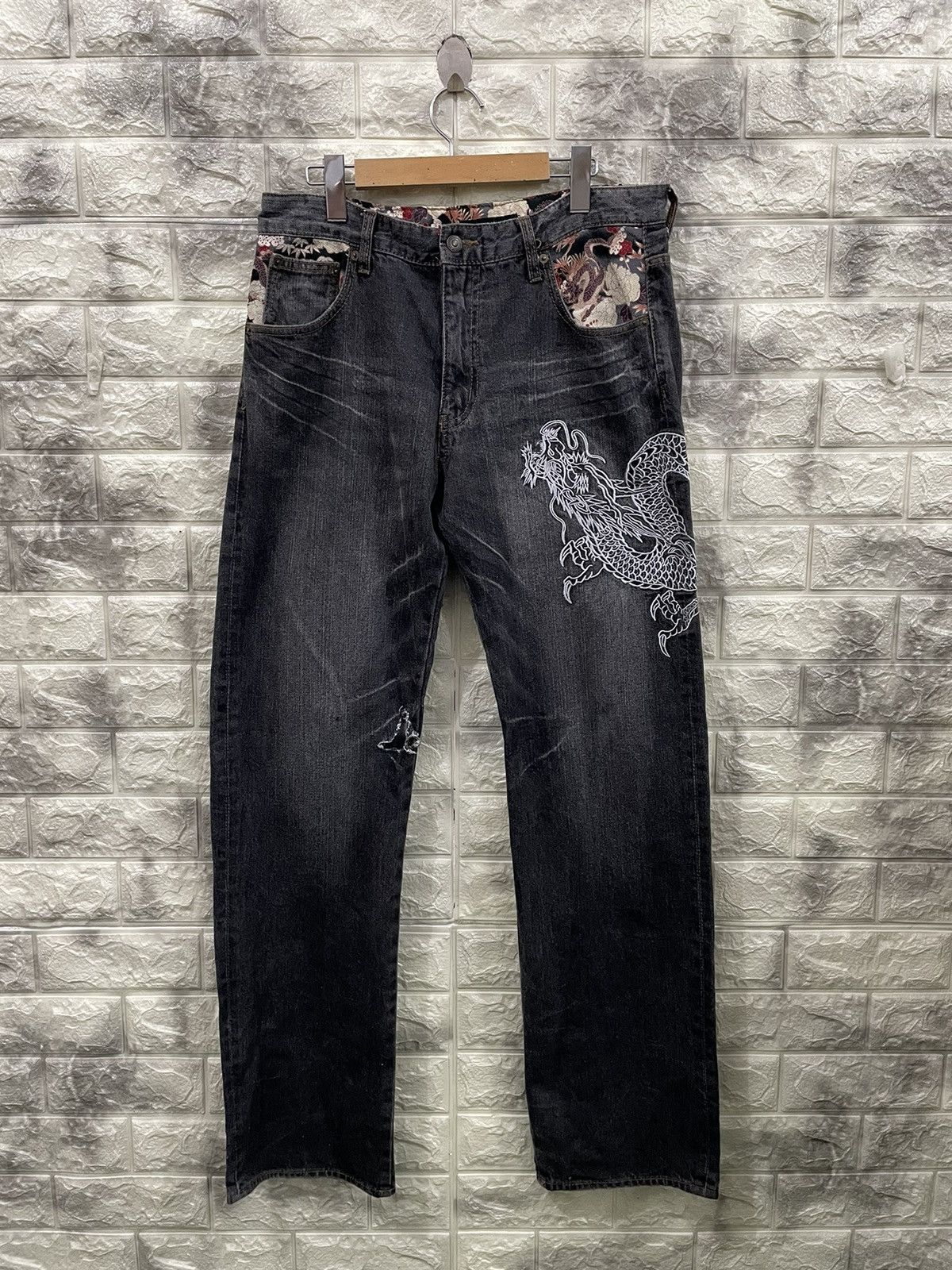 image of Vintage Memory Special Embroidered Dragon Denim in Black, Men's (Size 34)