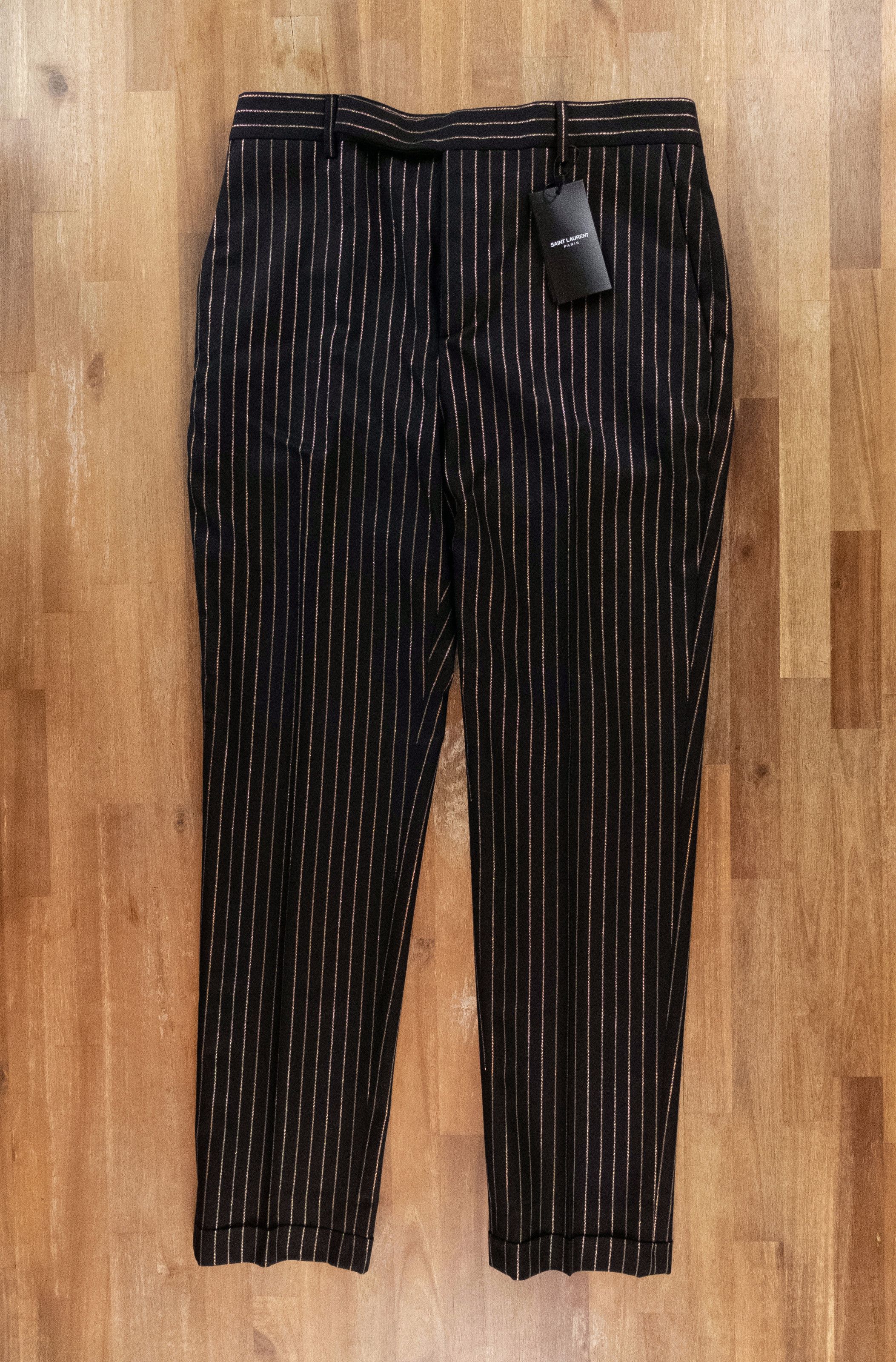 image of Saint Laurent Paris Saint Laurent Black Wool Gold Stripe Pants Trousers 32, Men's