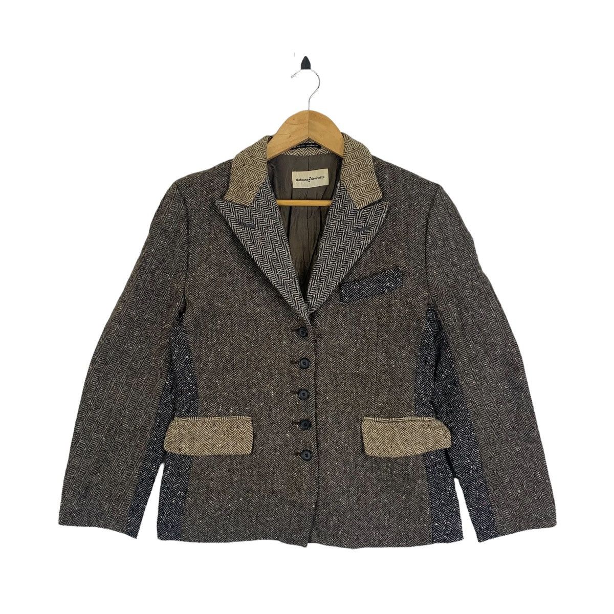 image of Abahouse Devinette Patchwork Wool Blazer Coat in Brown, Women's (Size Small)