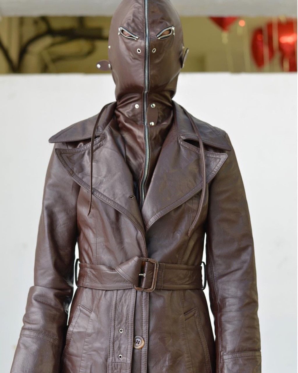 image of Vetements Gimp Mask Leather Coat in Brown, Men's (Size Small)