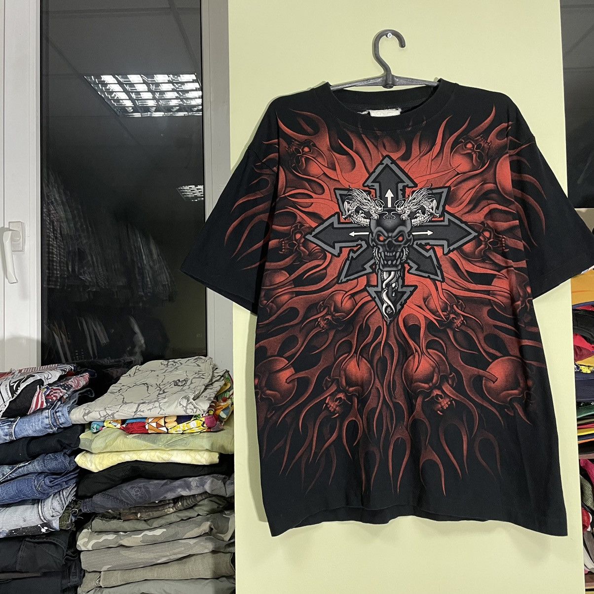 Vintage Vintage 90s Graphic Tee Winged Skull Cross Gothic Horror L Size US L / EU 52-54 / 3 - 3 Thumbnail
