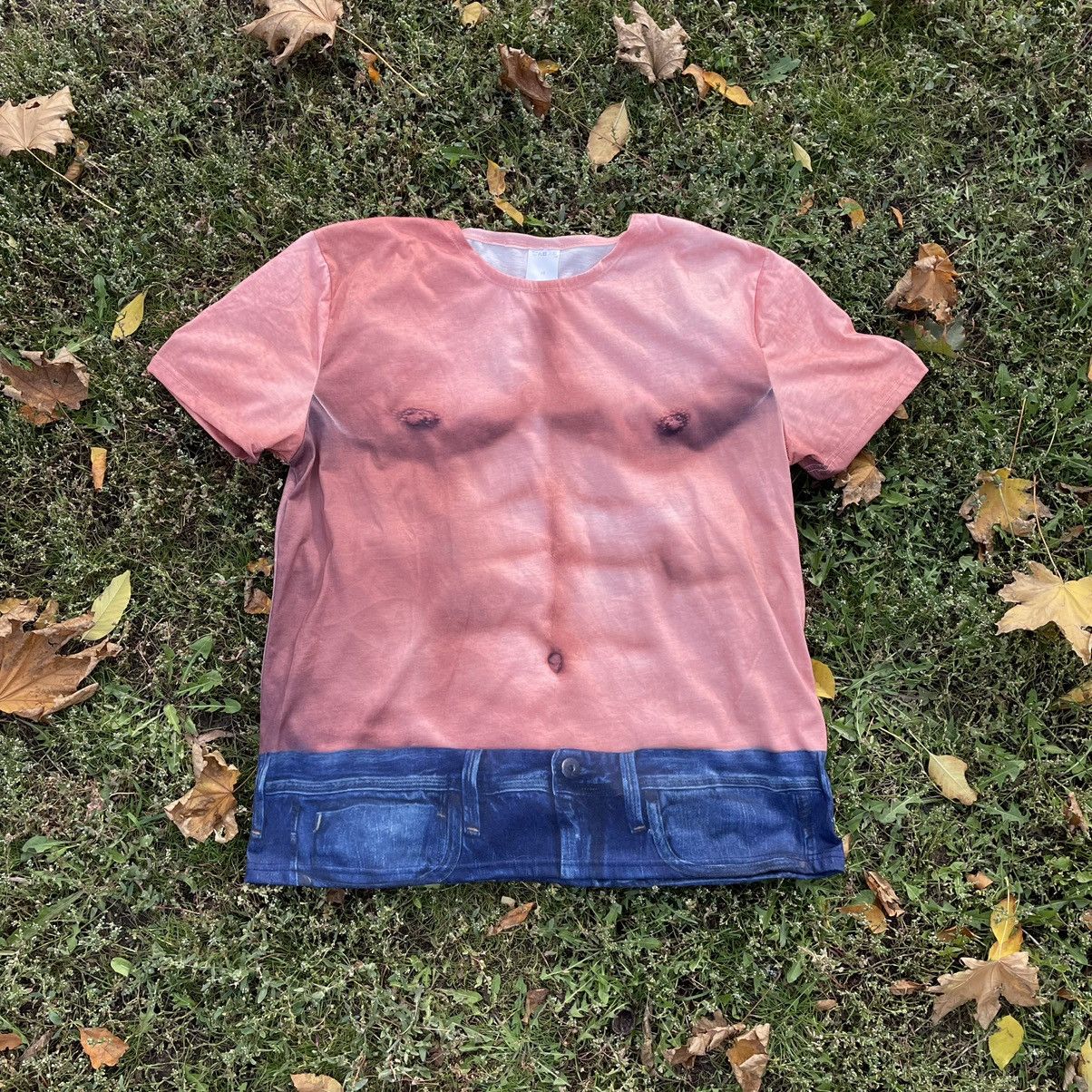 image of Y2K Adult “ Sexy Body “Buymypiece Faded Humor Tee in White, Men's (Size Medium)