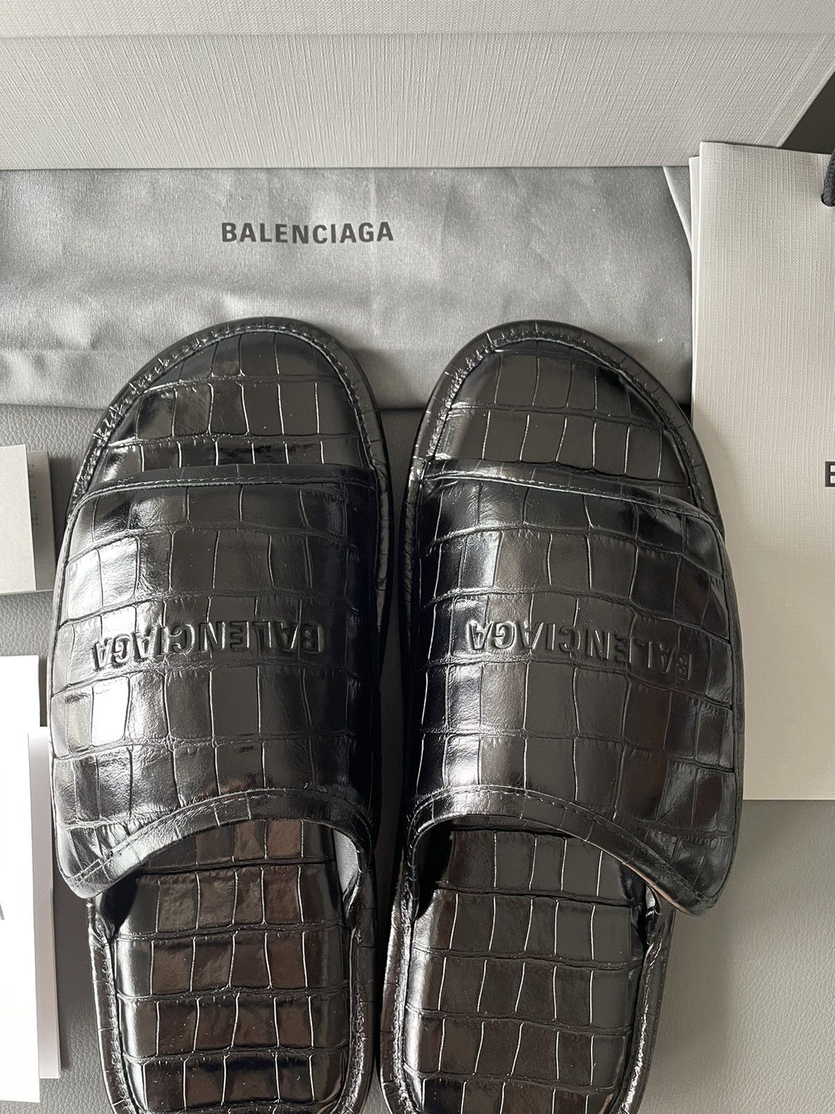 Balenciaga Rare New Super Runway Croc Embossed Leather Slides Shoes Size US 12 / EU 45 - 5 Thumbnail