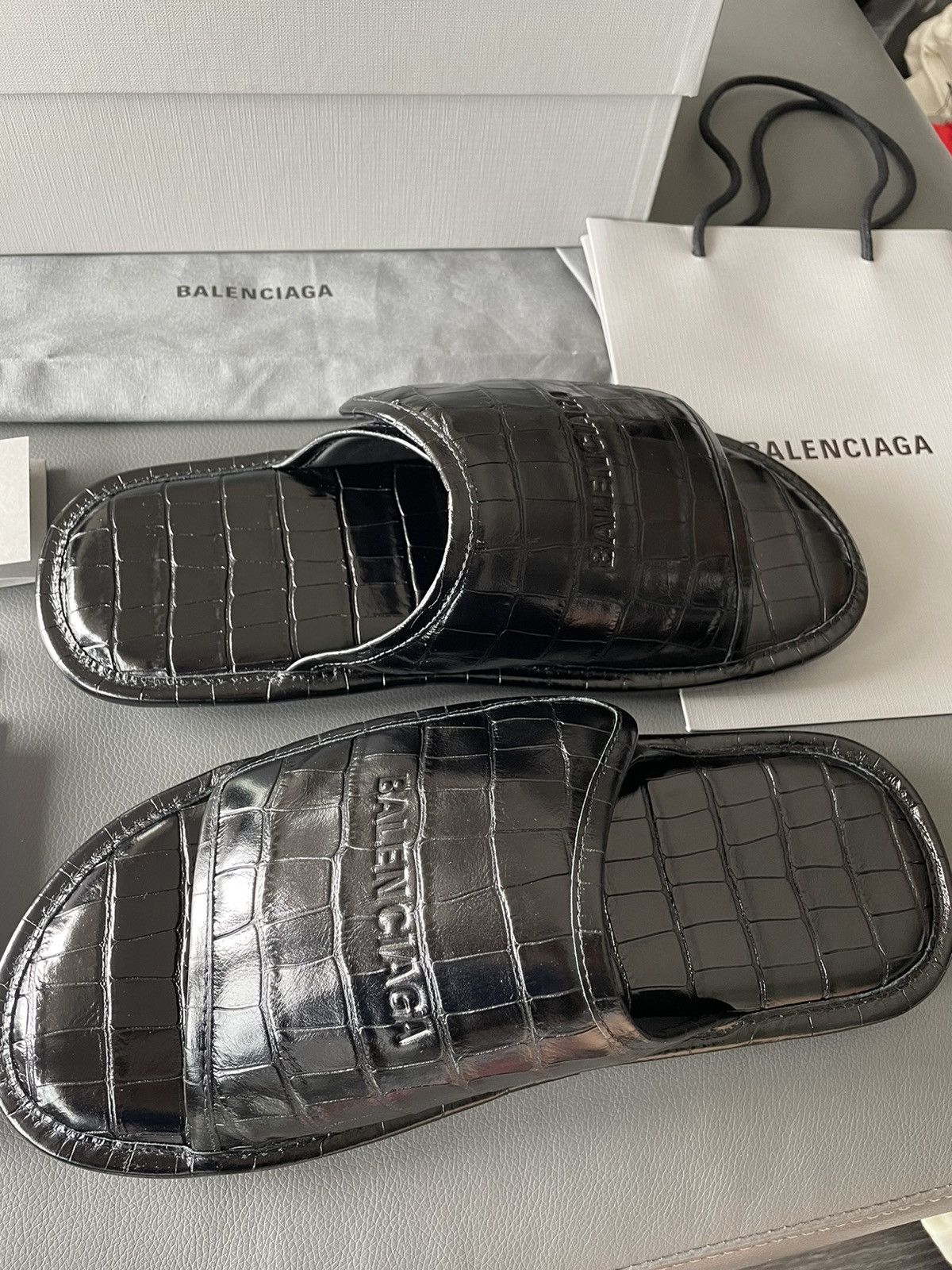 Balenciaga Rare New Super Runway Croc Embossed Leather Slides Shoes Size US 12 / EU 45 - 21 Thumbnail