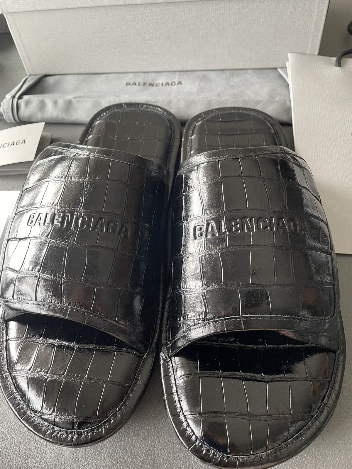 Balenciaga Rare New Super Runway Croc Embossed Leather Slides Shoes Size US 12 / EU 45 - 3 Thumbnail