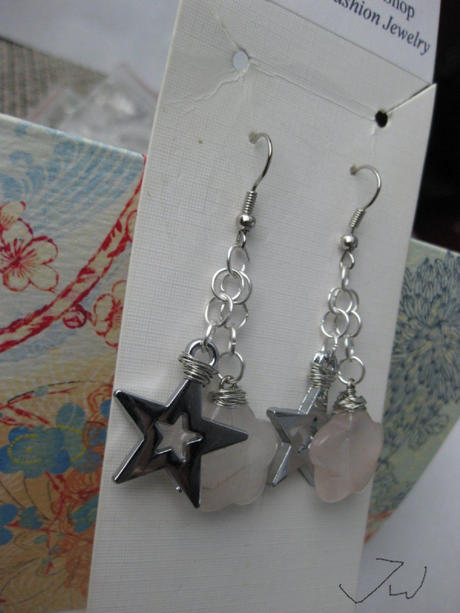 Handmade Rose Quartz stainless steel earrings with Star Size ONE SIZE - 2 Thumbnail