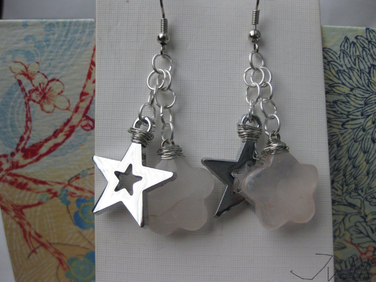Handmade Rose Quartz stainless steel earrings with Star Size ONE SIZE - 4 Thumbnail