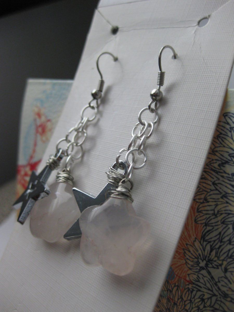Handmade Rose Quartz stainless steel earrings with Star Size ONE SIZE - 3 Thumbnail