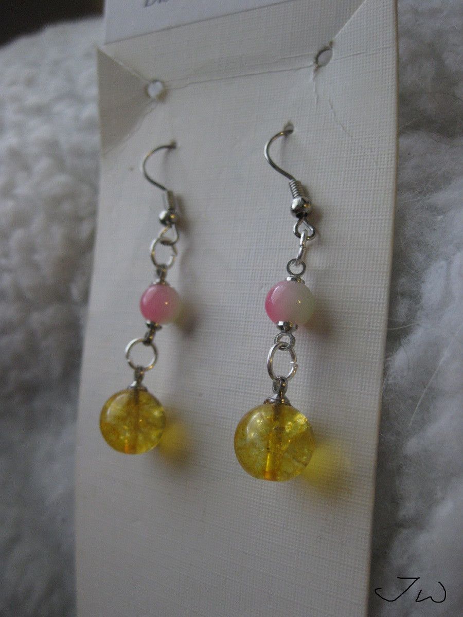 Handmade Amber Bead Stainless Steel Earrings with apple Crystal bead Size ONE SIZE - 2 Thumbnail