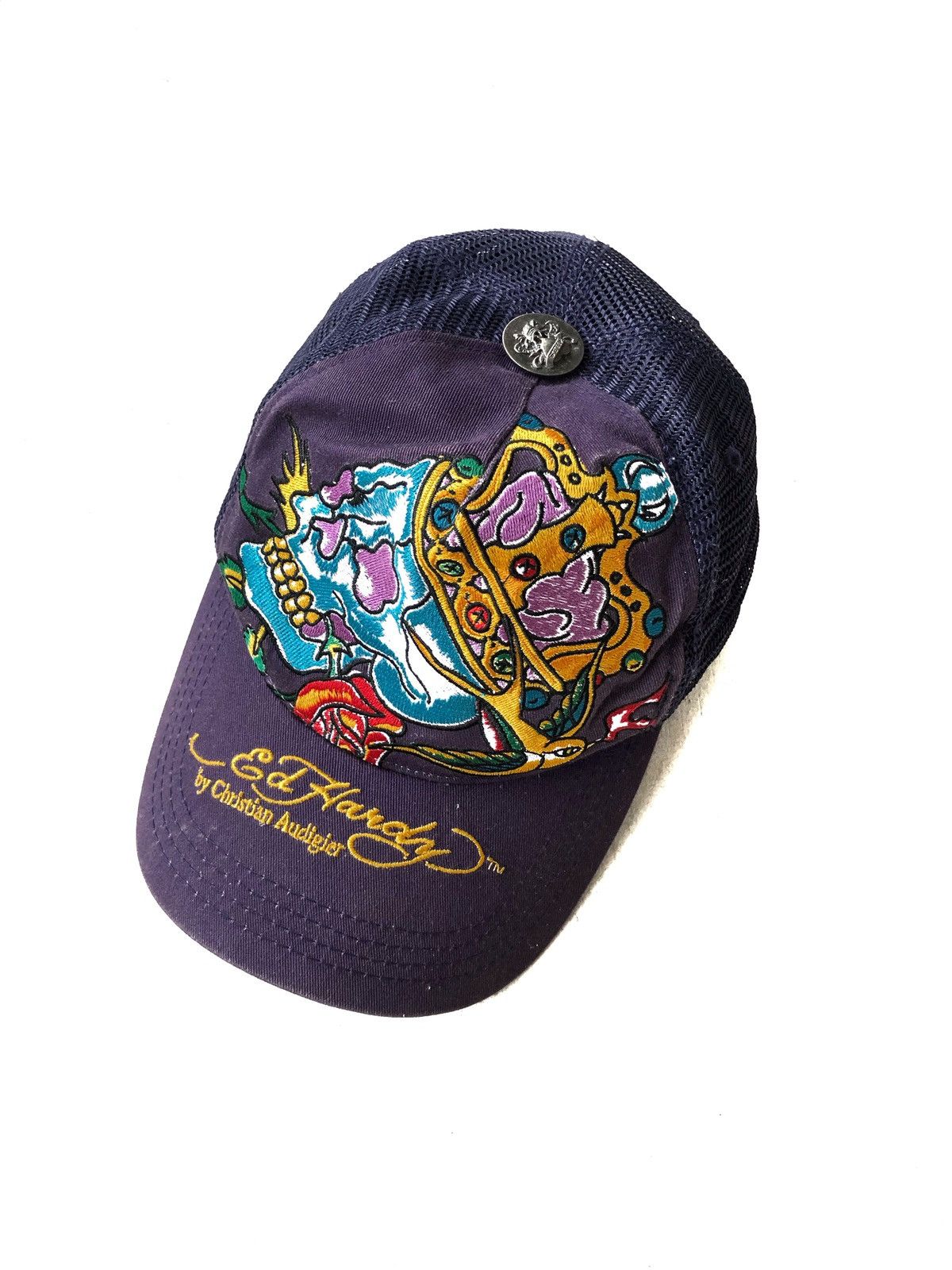 Pre-owned Christian Audigier X Ed Hardy Heated Hardy Audigier Crown Mesh Snapback Cap In Purple