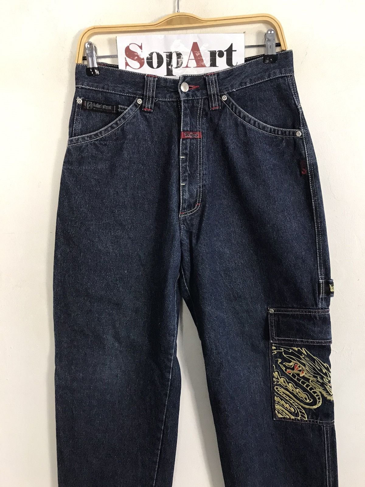 Japanese Brand Kakei Carpenter Denim Tactical Cargo Pants Embroidery 🐉 Size US 29 - 3 Thumbnail