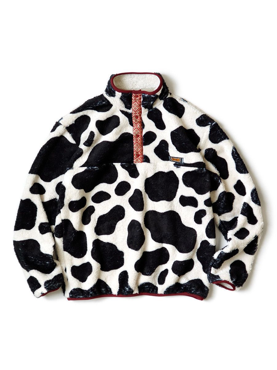 image of Kapital Cow Pattern Fleece Pullover Snap Jacket in White Black, Men's (Size Small)