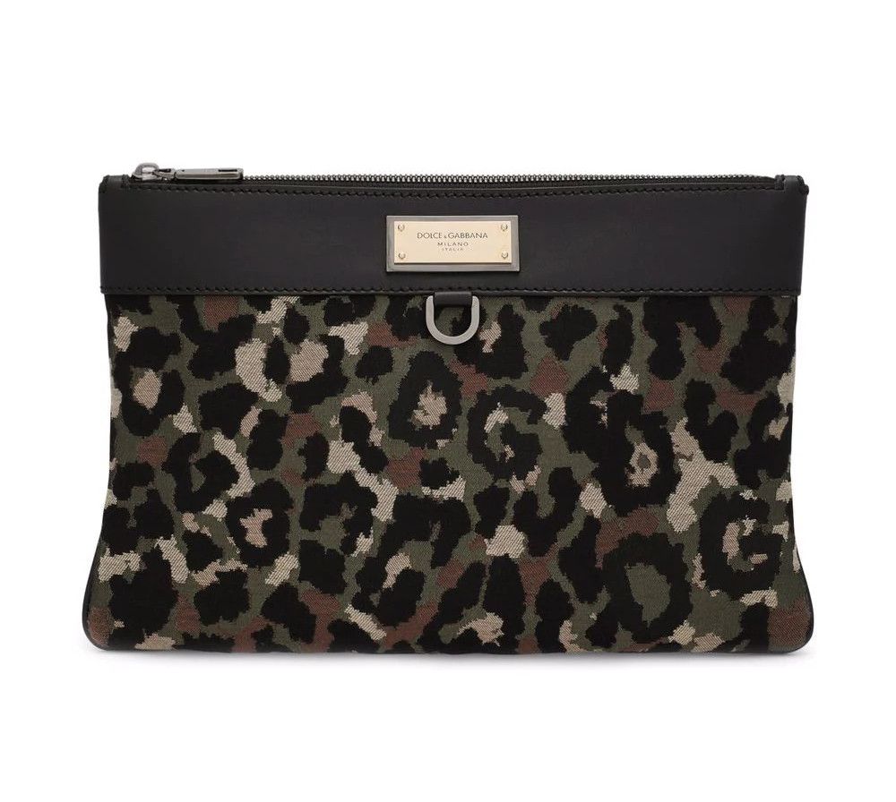 DOLCE & GABBANA black green camo leopard logo pouch bag