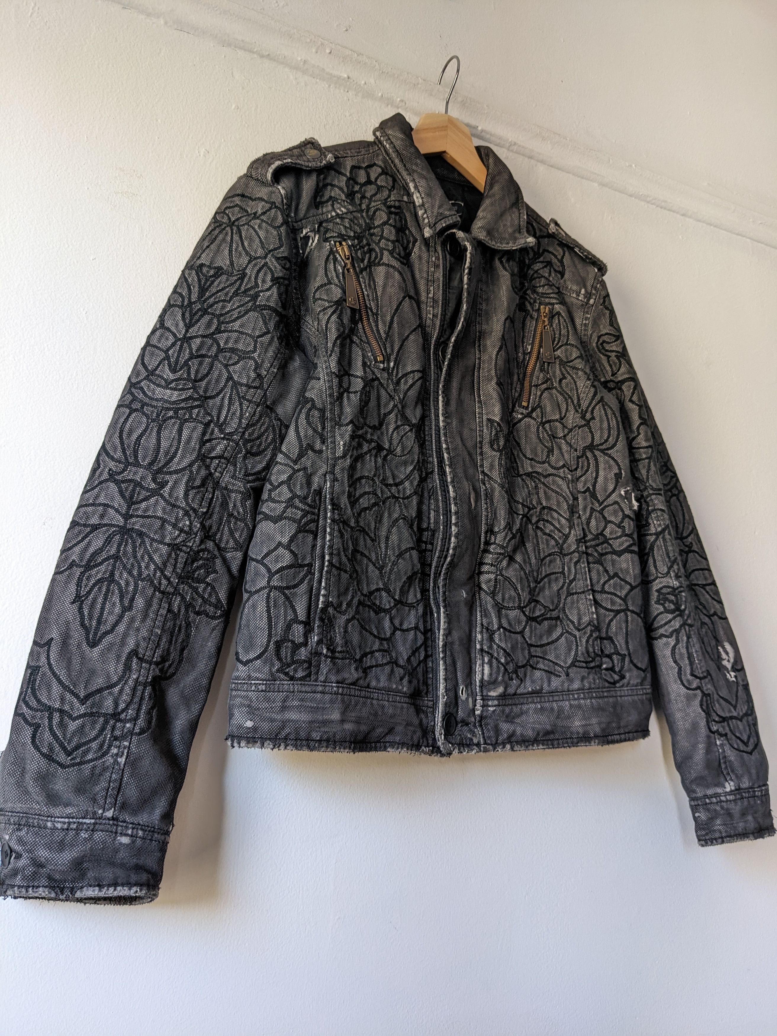 Just Cavalli × Roberto Cavalli 1999 Embroidered Distressed Mesh Overlay Trucker Jacket Size US M / EU 48-50 / 2 - 2 Thumbnail