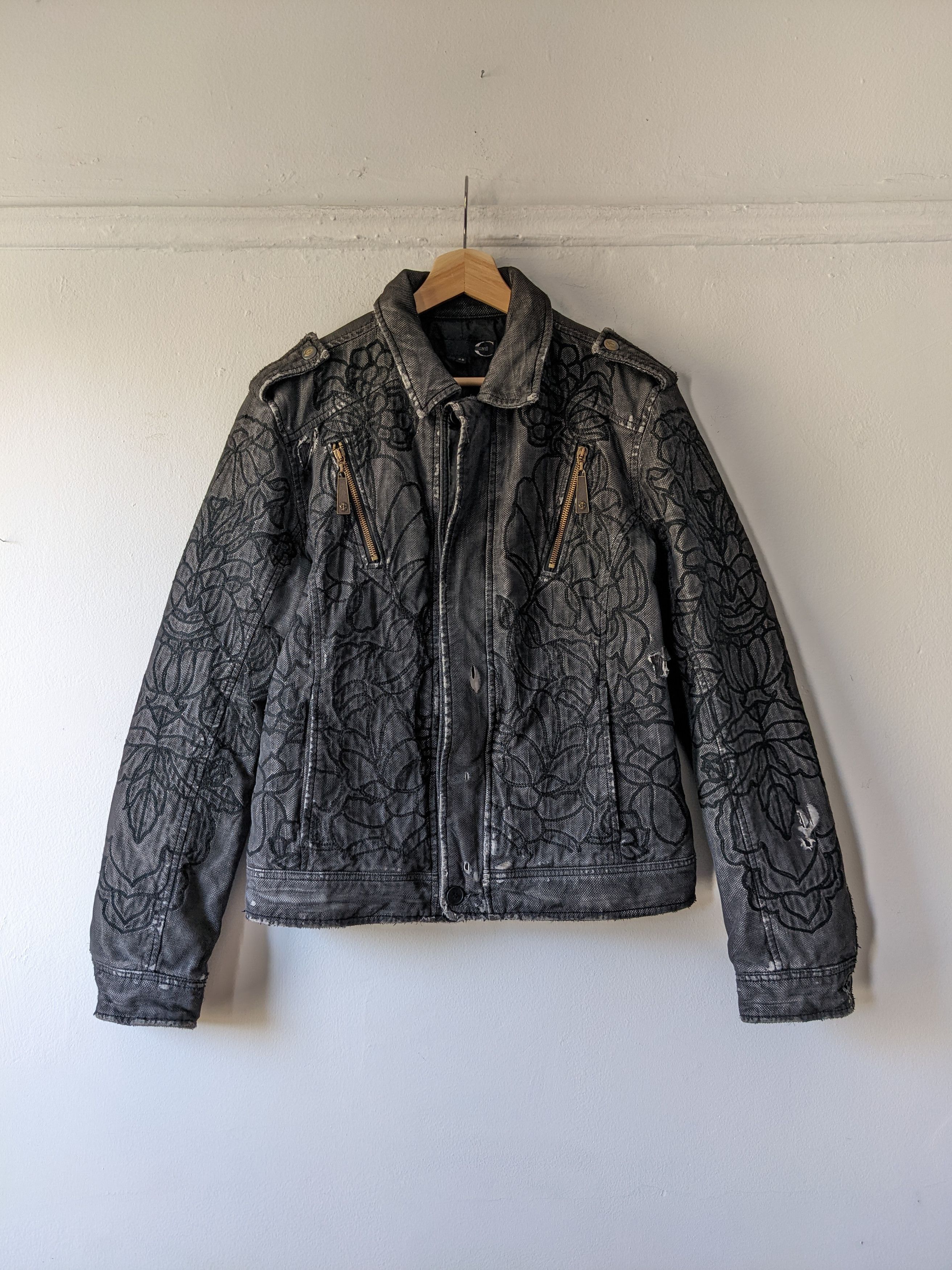 Just Cavalli × Roberto Cavalli 1999 Embroidered Distressed Mesh Overlay Trucker Jacket Size US M / EU 48-50 / 2 - 1 Thumbnail
