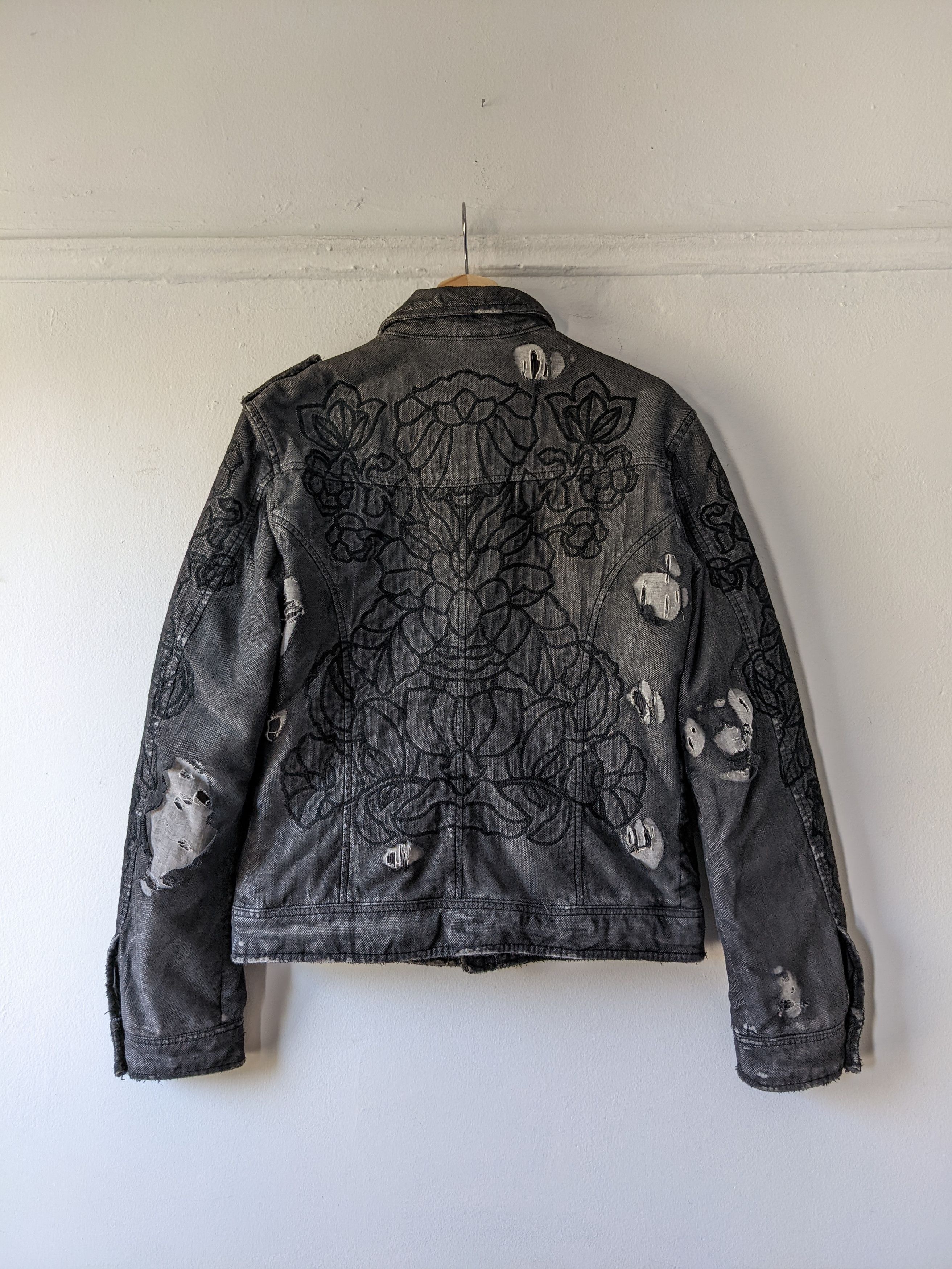 Just Cavalli × Roberto Cavalli 1999 Embroidered Distressed Mesh Overlay Trucker Jacket Size US M / EU 48-50 / 2 - 4 Thumbnail
