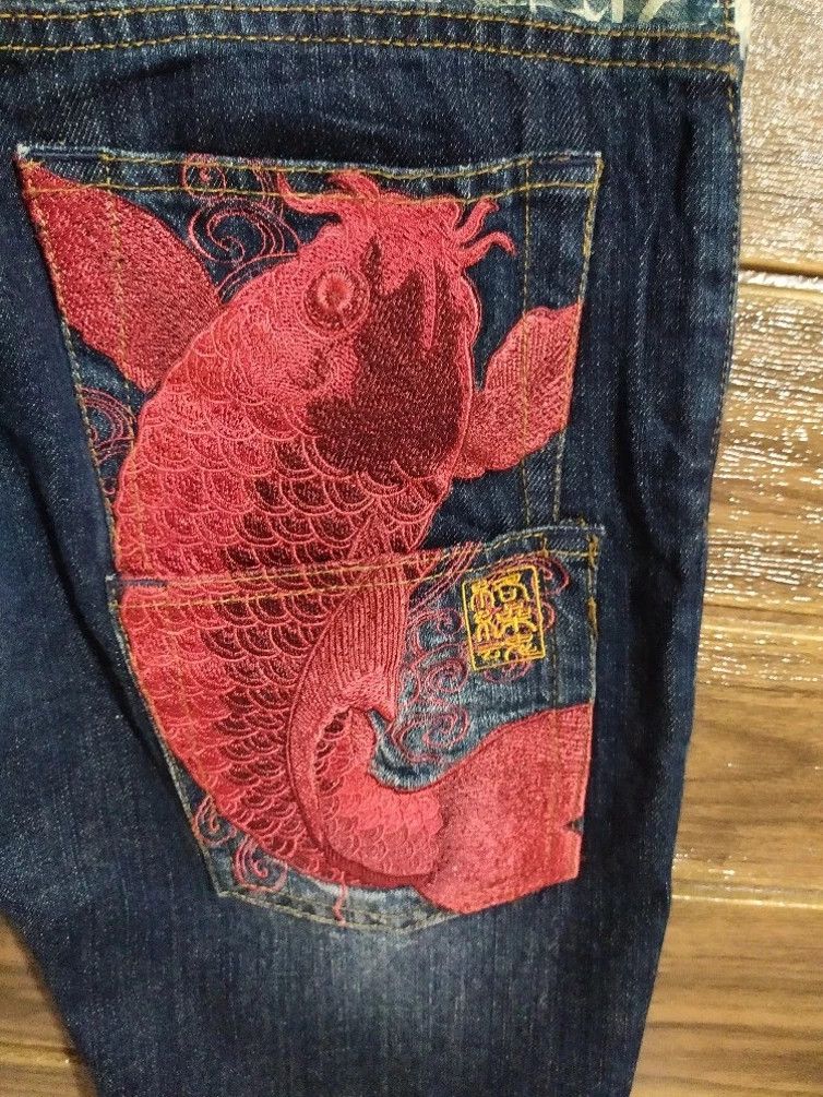 Designer × Japanese Brand 🔥ICONIC JAPAN!! KARAKURI TAMASHI Koi Fish Embroidery Denim Size US 29 - 10 Thumbnail