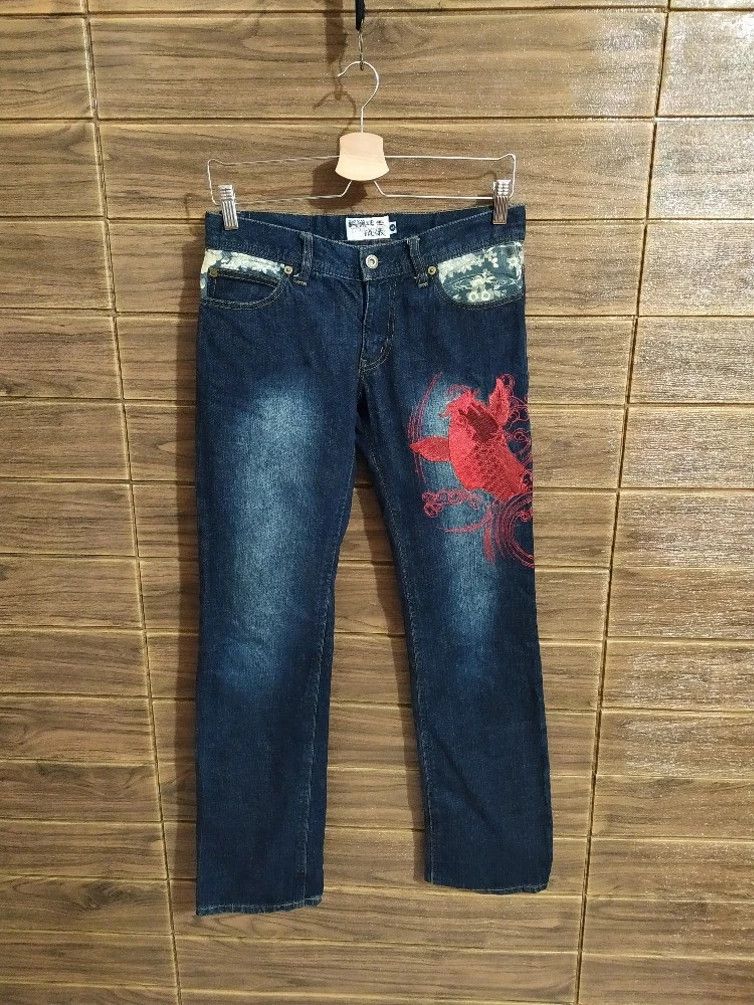 Designer × Japanese Brand 🔥ICONIC JAPAN!! KARAKURI TAMASHI Koi Fish Embroidery Denim Size US 29 - 1 Thumbnail