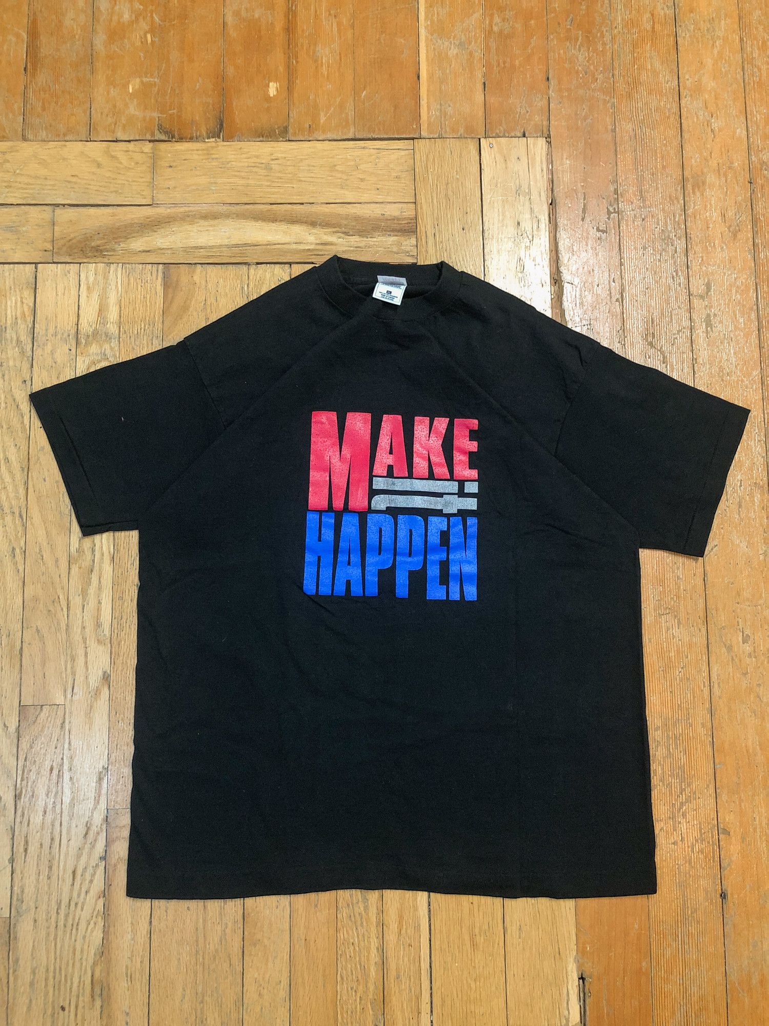 Fruit Of The Loom × Vintage 90s Single Stitch 'Make It Happen' Black T-Shirt Size US XL / EU 56 / 4 - 2 Thumbnail