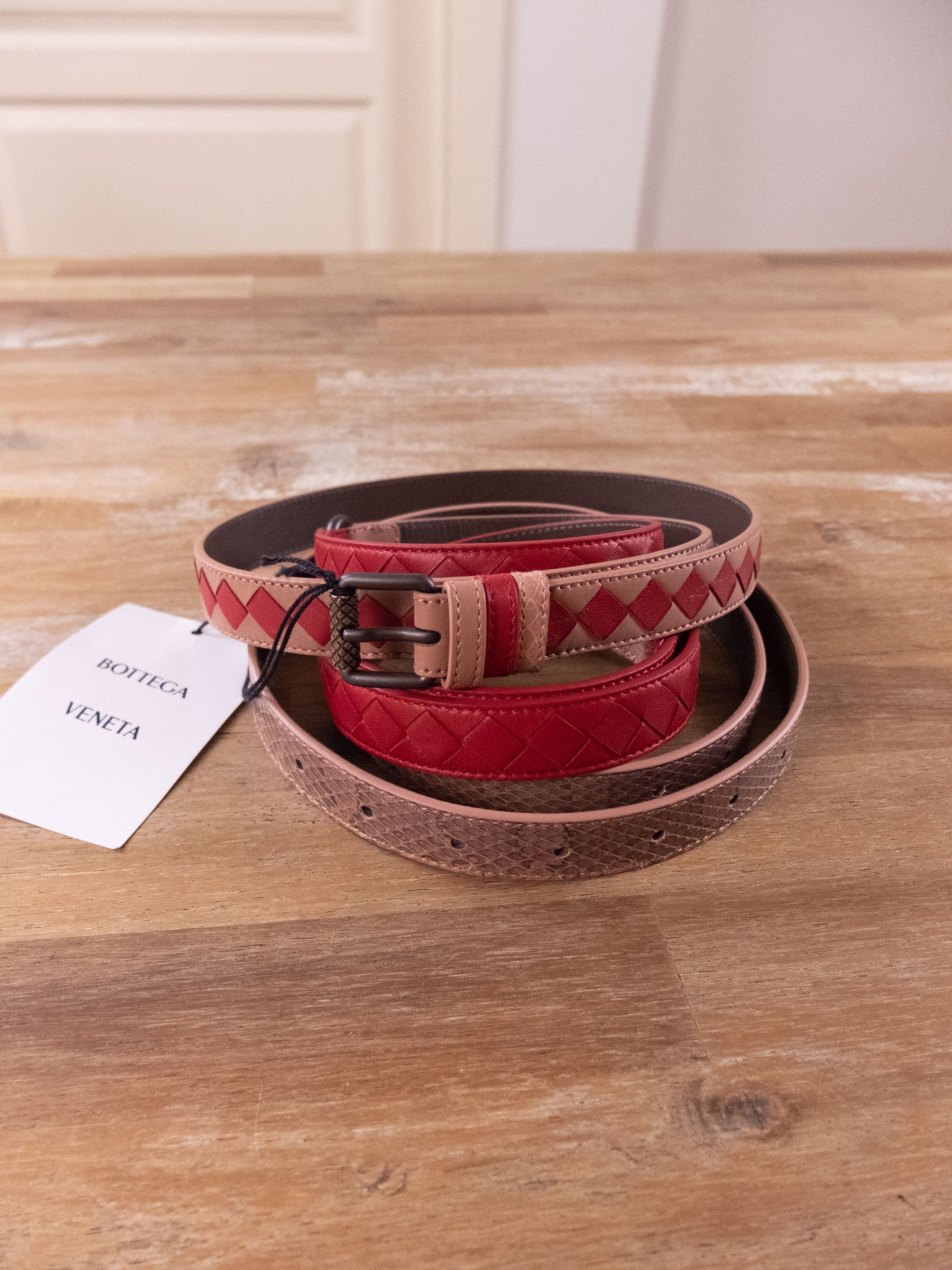 Bottega Veneta BOTTEGA VENETA red pink intrecciato weave & snake skin belt Size ONE SIZE - 1 Thumbnail
