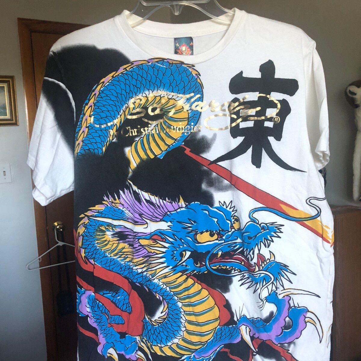 Pre-owned Christian Audigier X Ed Hardy Vintage Y2k Ed Hardy Christian Audigier Dragon Big Print Tee In White