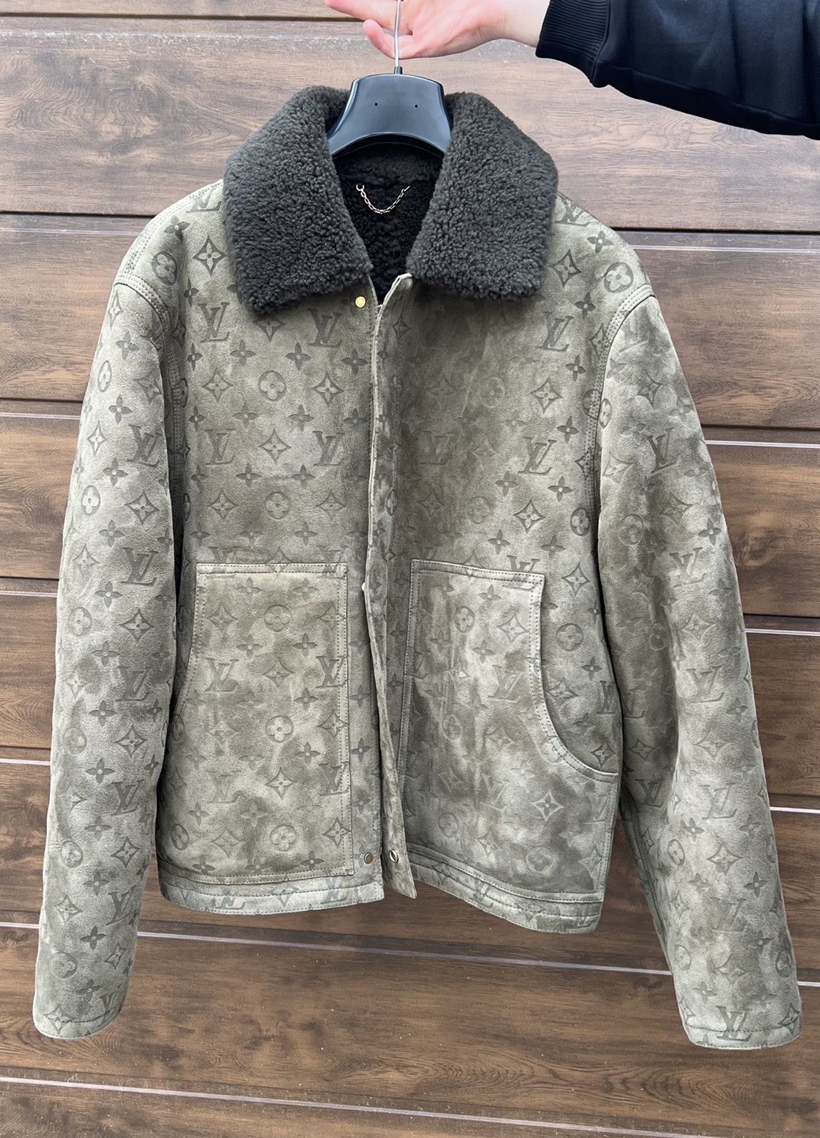 image of Louis Vuitton Monogram Shearling Leather Jacket in Grey/Brown, Men's (Size XL)