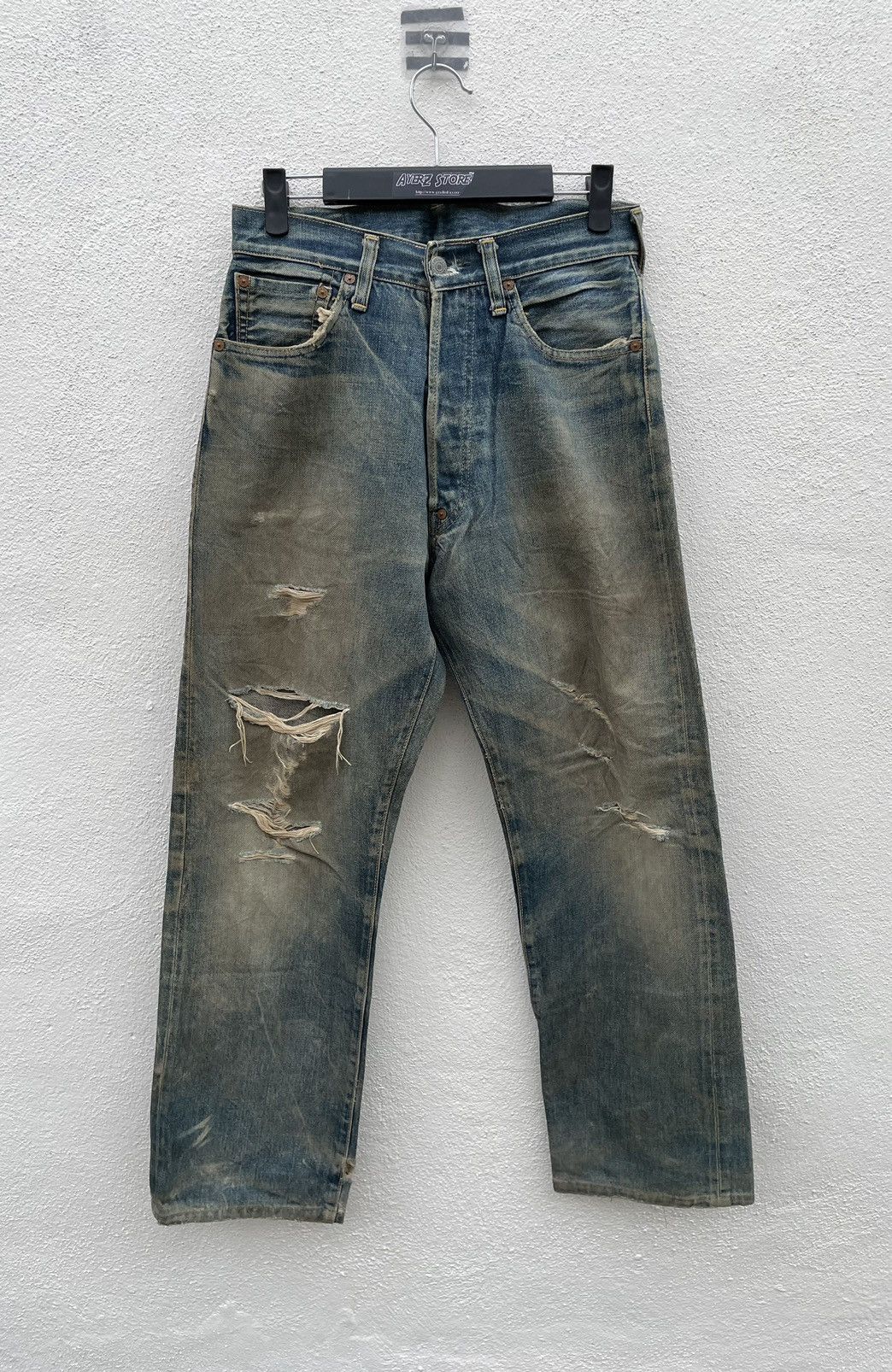 image of Distressed Denim x Evisu Vintage Evis Rips Distresses Selvedge Denim in Blue, Men's (Size 28)