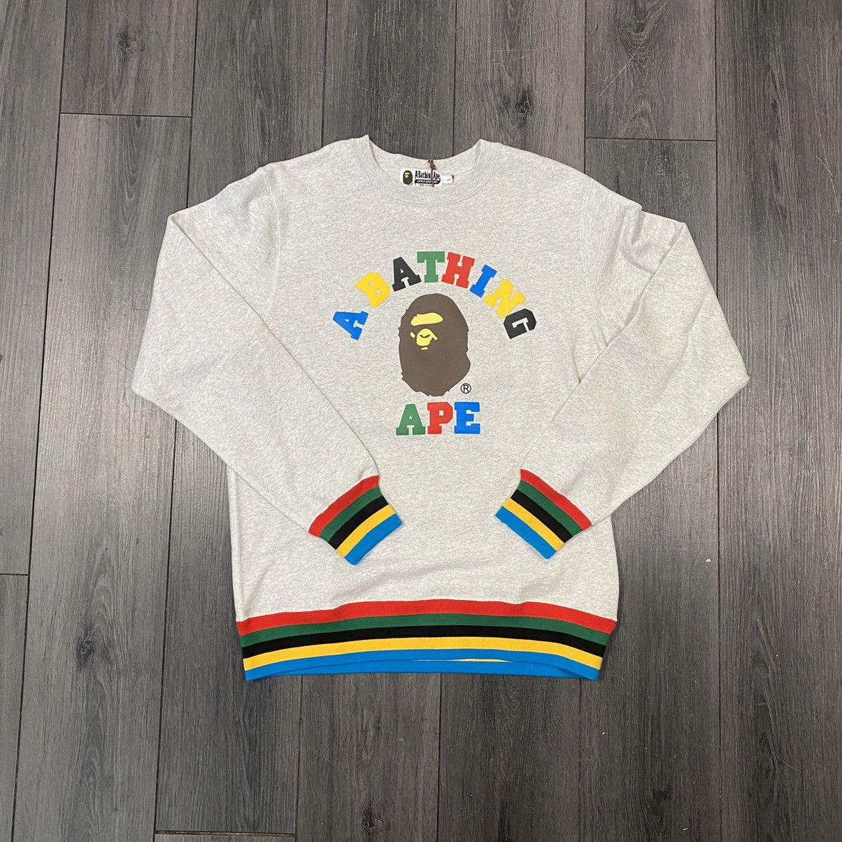 image of Bape College Rainbow Rib Crewneck Gray Size L in Grey, Men's