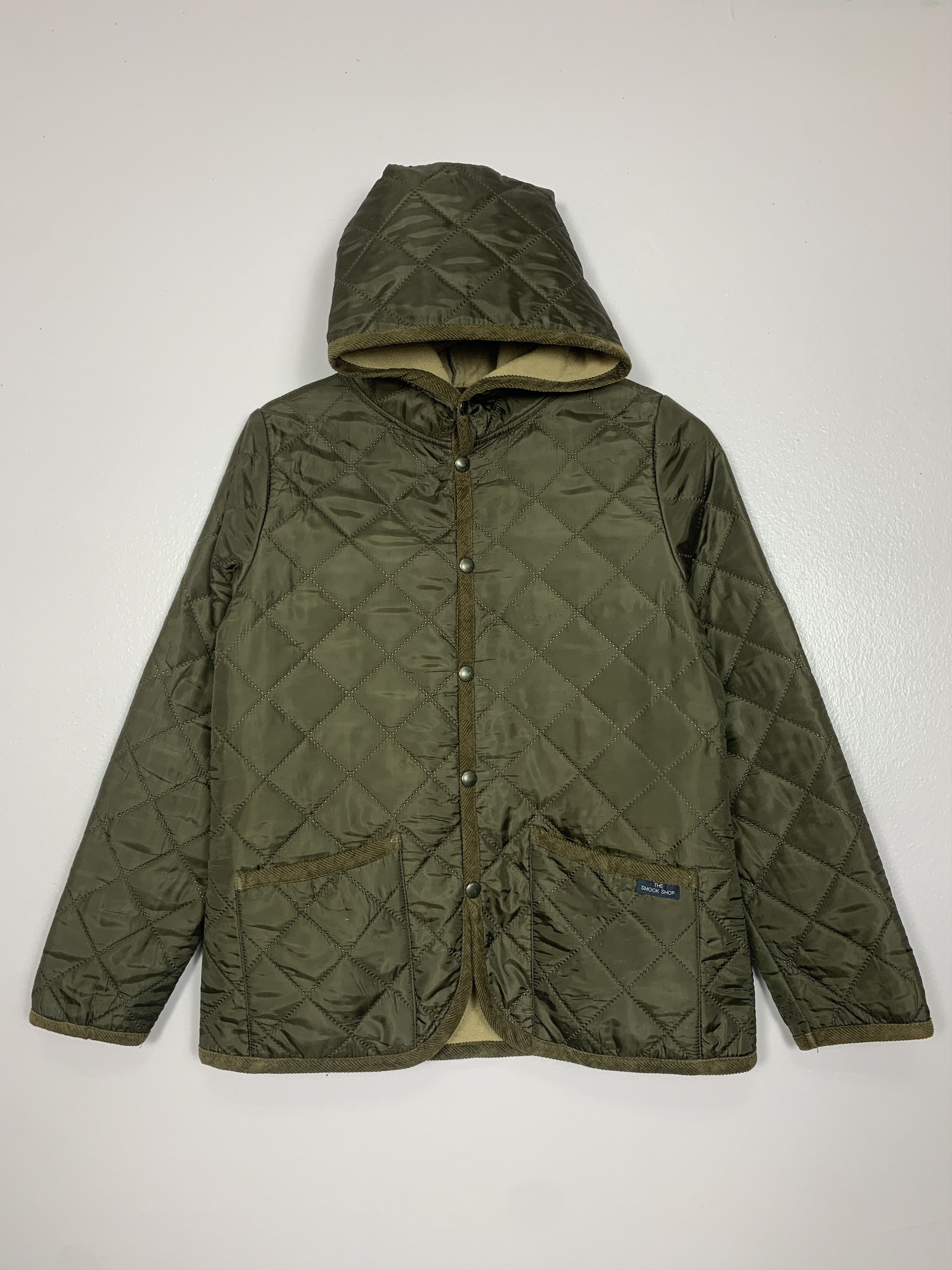 image of The Smock Shop Quilted Jacket Fleece Lining Hooded in Miltary Green, Men's (Size Small)