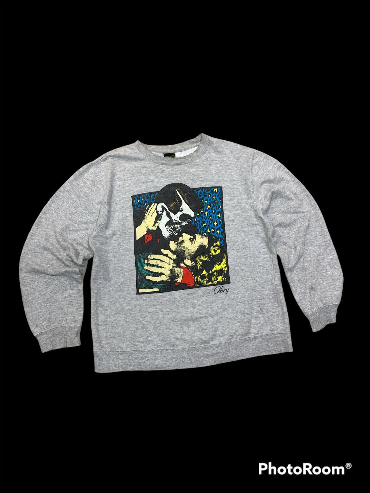 image of Obey Skull Loves Crewneck Pullover Sweatshirt in Grey, Men's (Size Medium)