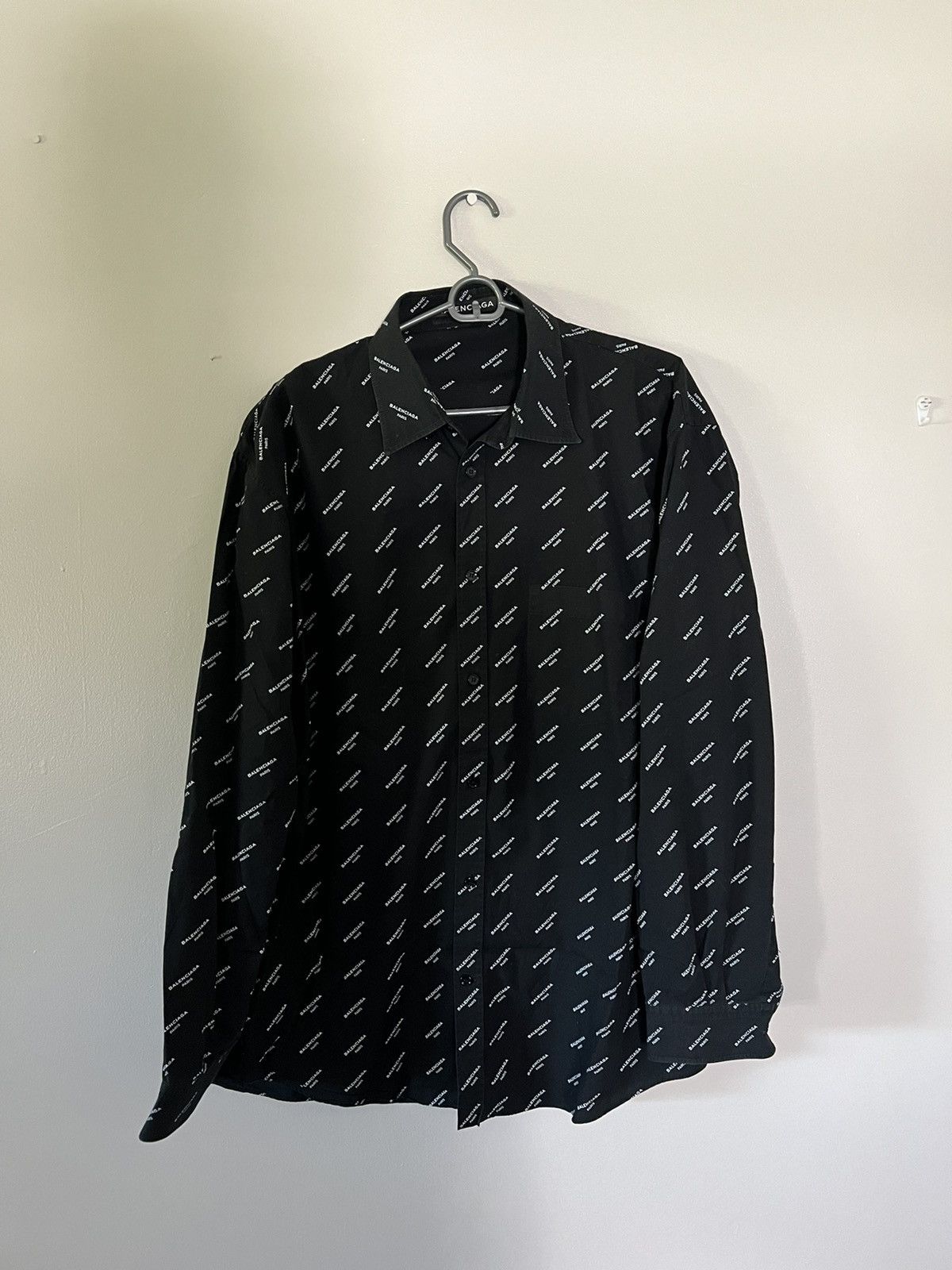 image of Balenciaga All Over Print Button Up Shirt in Black, Men's (Size XL)